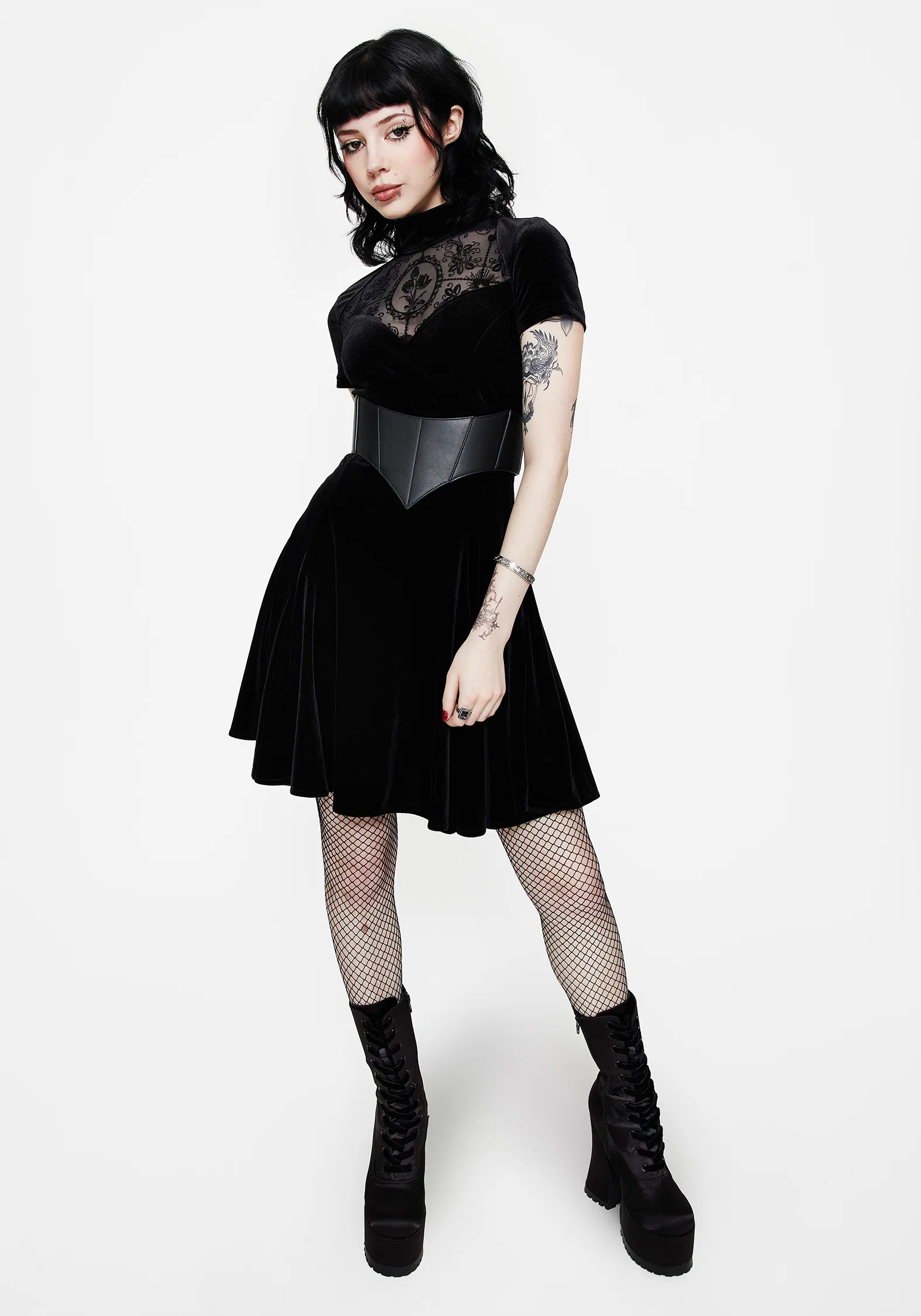 Cameo High Neck Flocked Mesh Insert Skater Mini Dress - Image 5