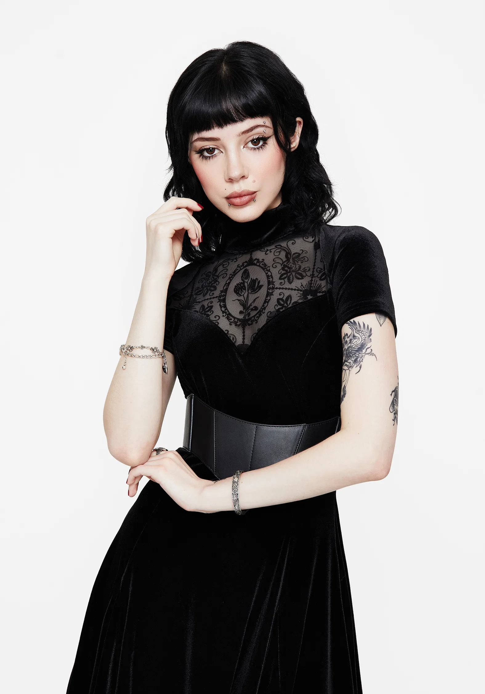 Cameo High Neck Flocked Mesh Insert Skater Mini Dress - Image 6