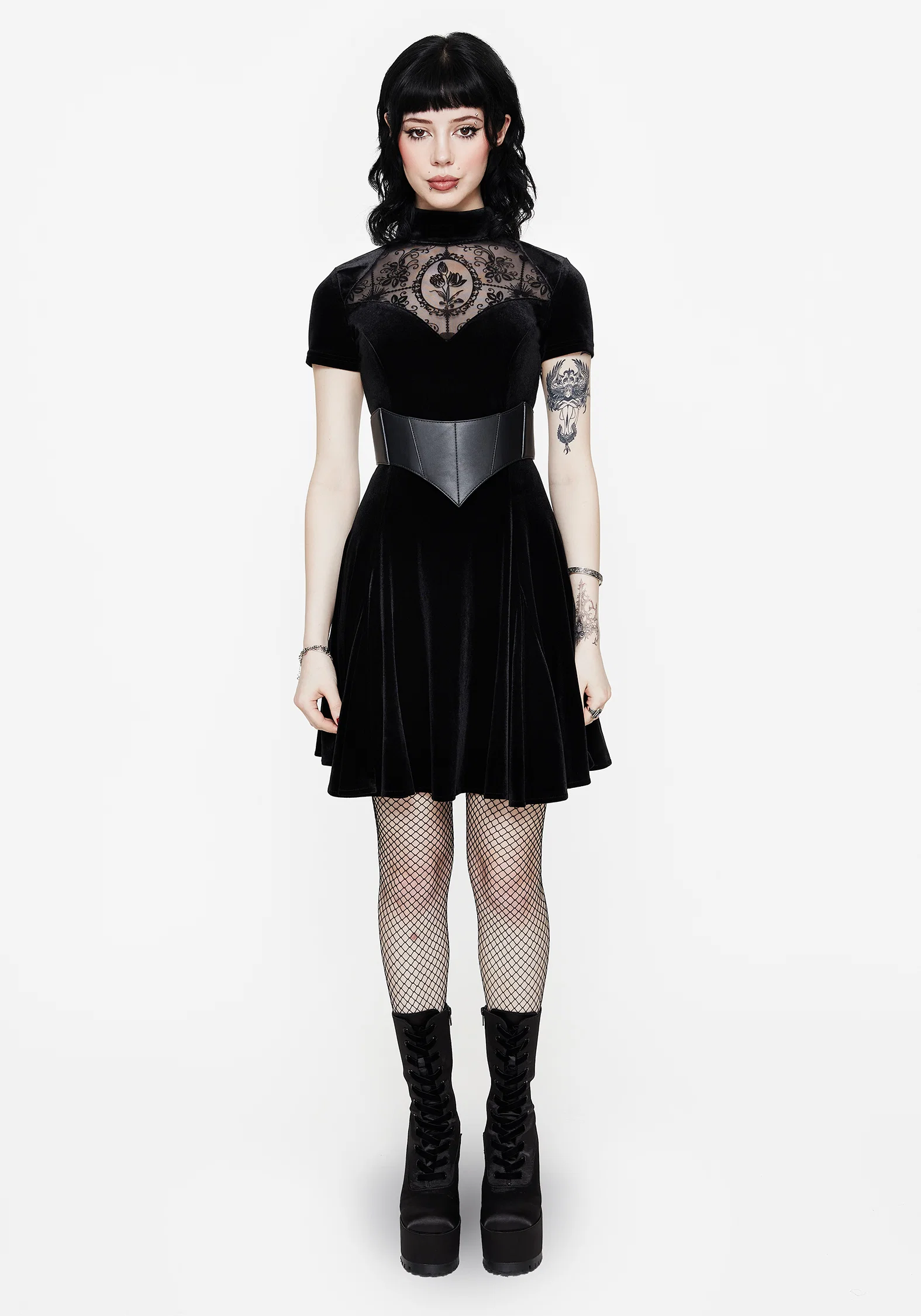Cameo High Neck Flocked Mesh Insert Skater Mini Dress - Image 7
