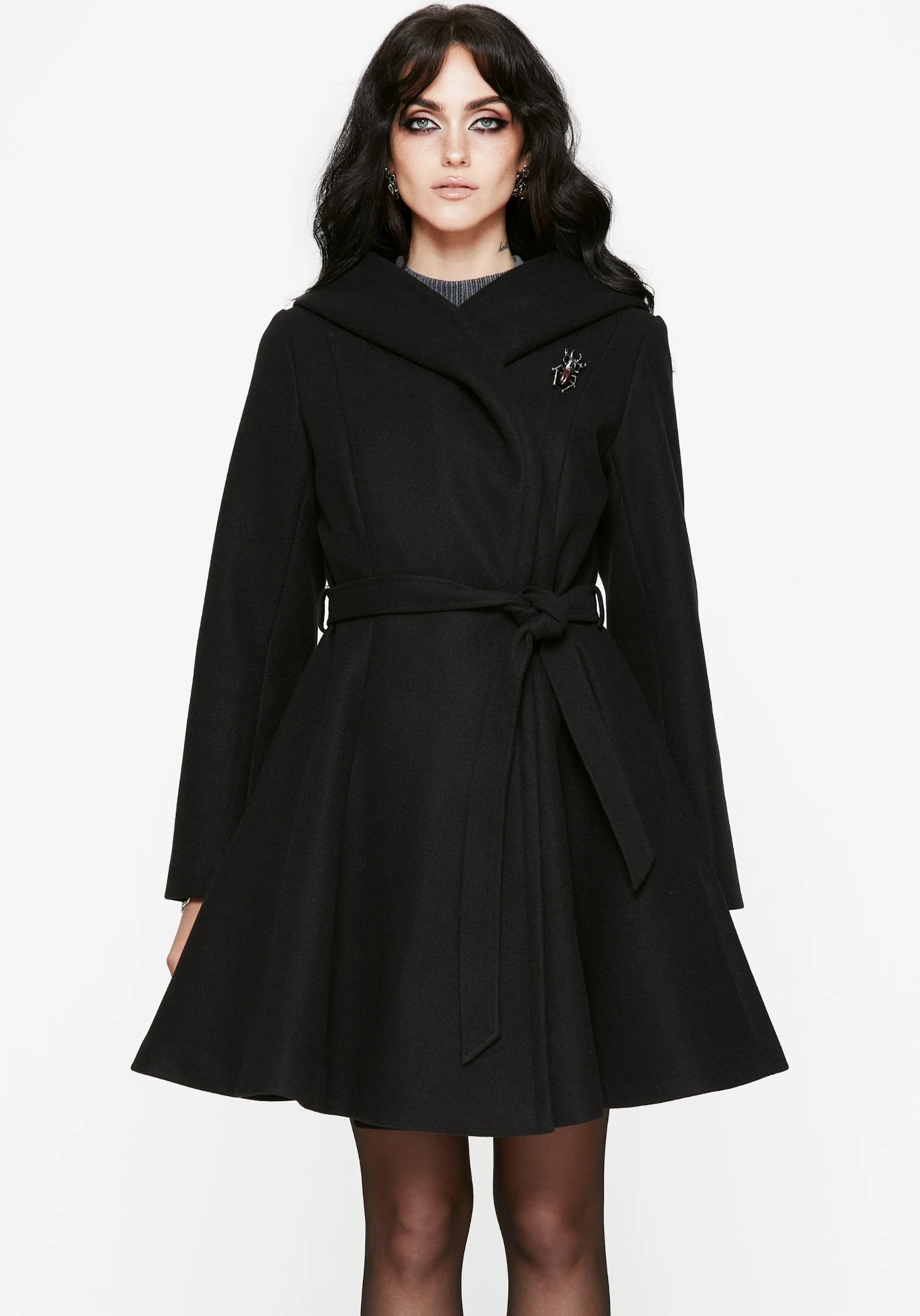 Camilla Tie Waist Hooded Coat With Bug Brooch - Image 5