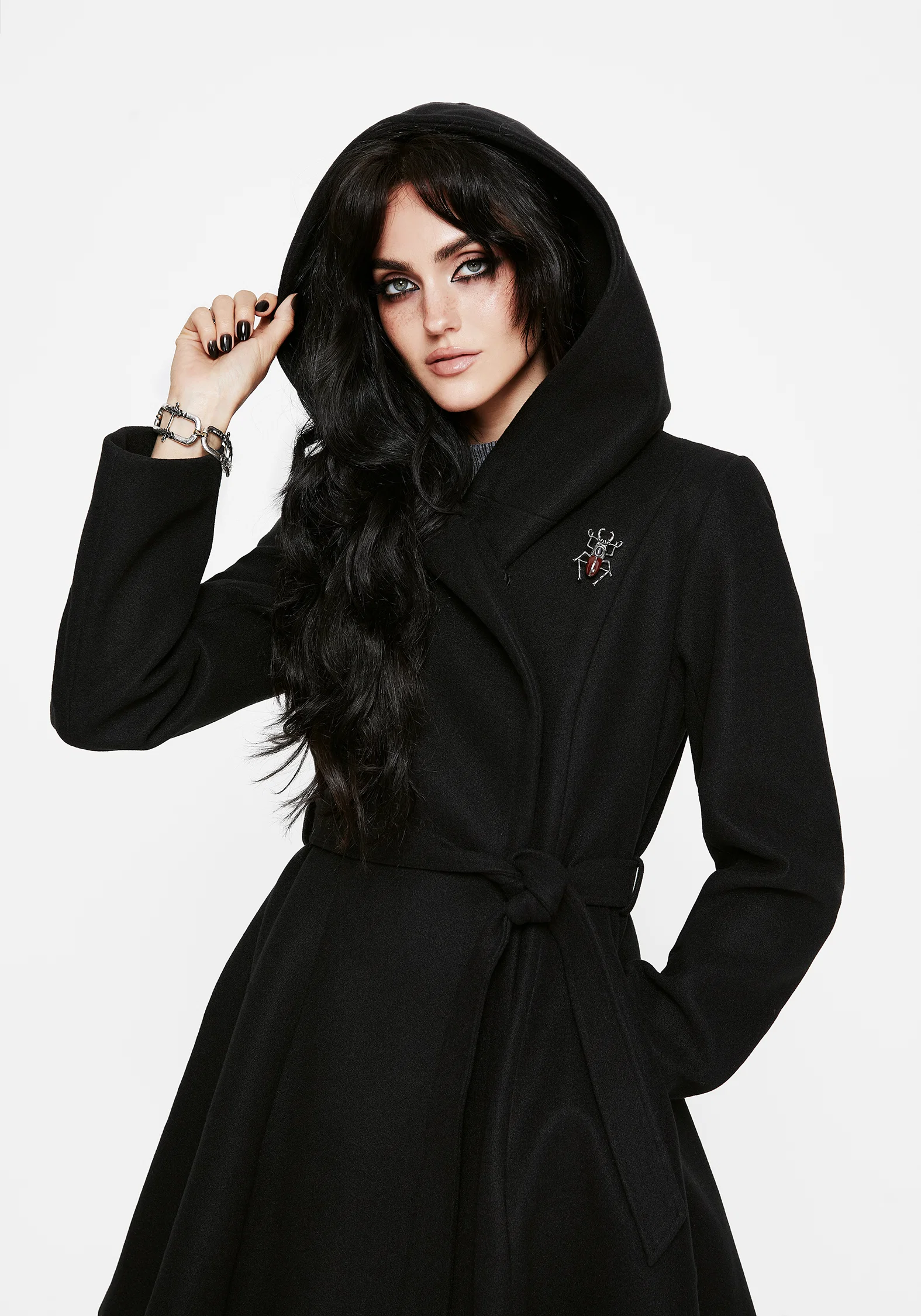 Camilla Tie Waist Hooded Coat With Bug Brooch - Image 6
