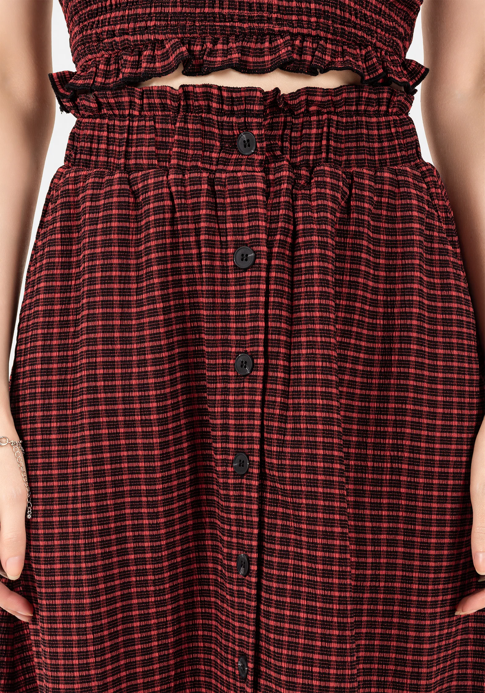 Carmine Textured Check Button Up Midaxi Skirt - Image 2