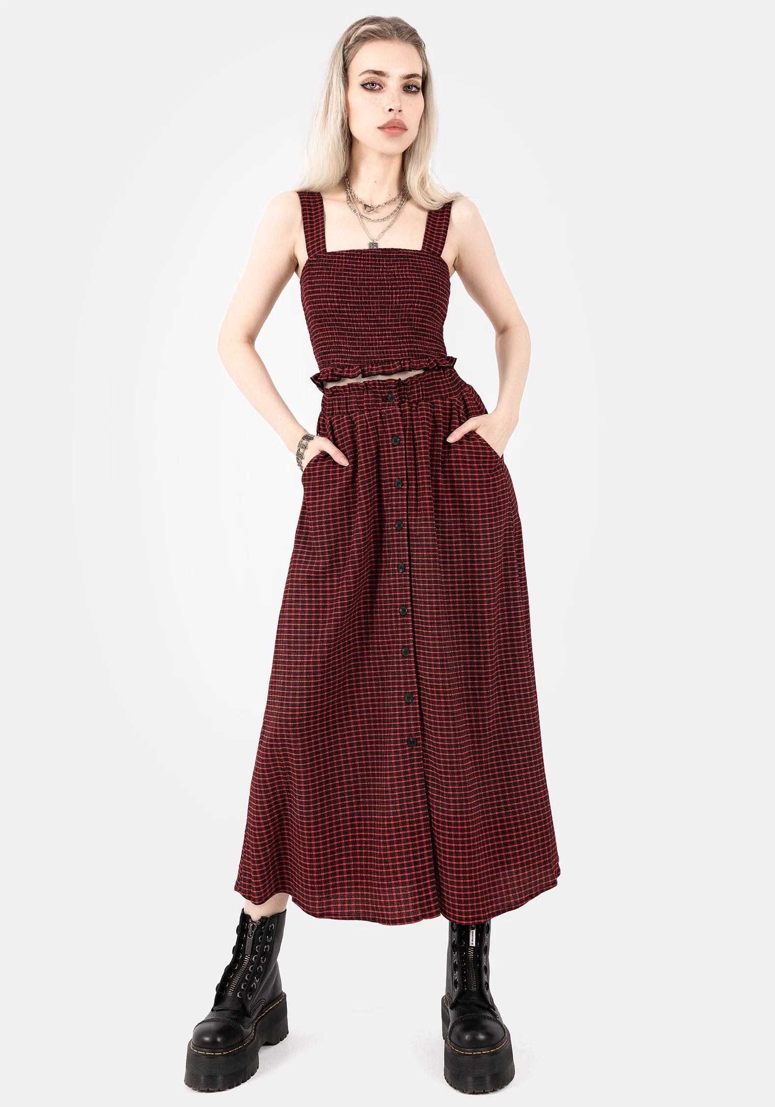 Carmine Textured Check Button Up Midaxi Skirt - Image 5