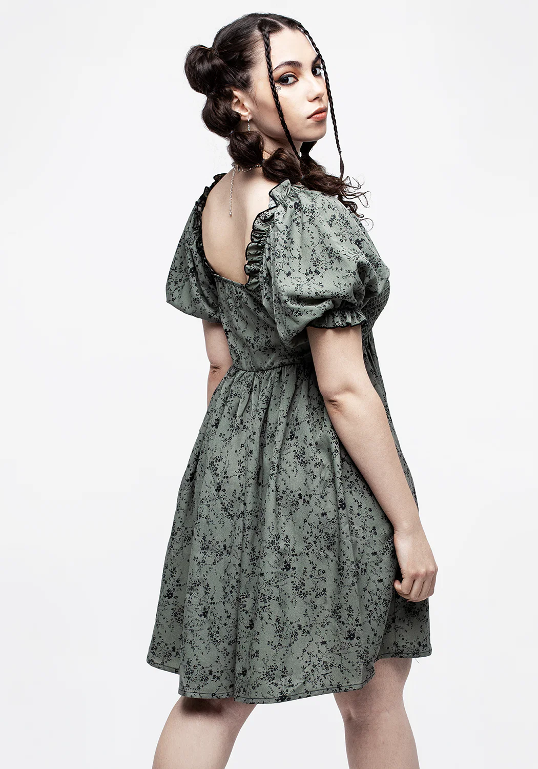 Cassie Green Floral Mini Babydoll Dress - Image 2