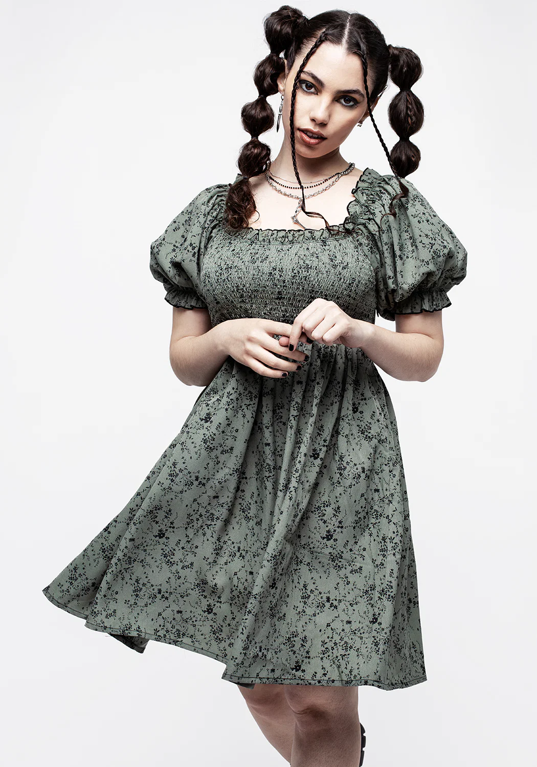 Cassie Green Floral Mini Babydoll Dress - Image 4