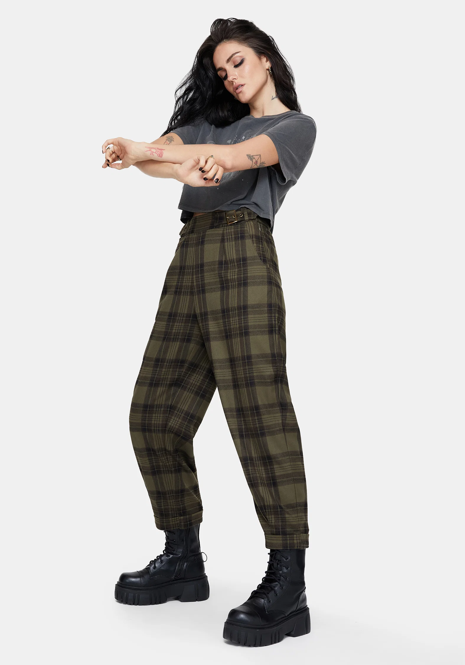 Cecily Buckle Detail Check Balloon Trousers - Image 5