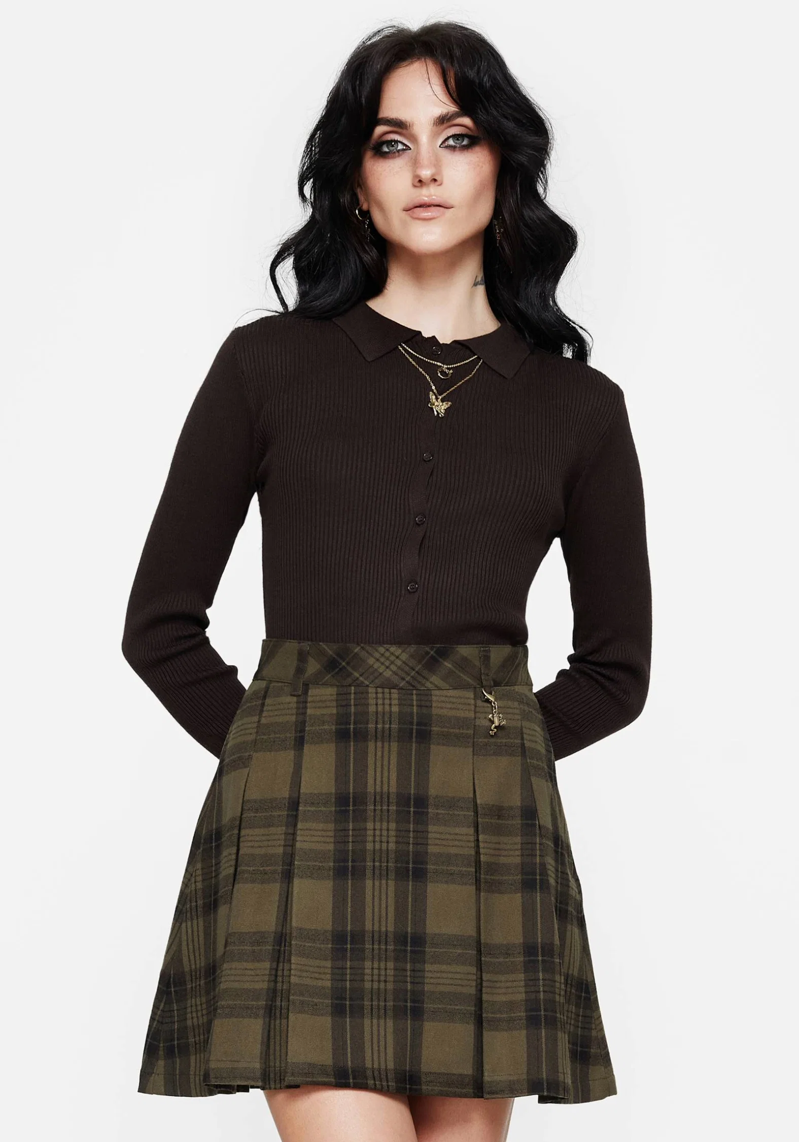 Cecily Check Pleated Mini Skirt With Frog Charm - Image 7