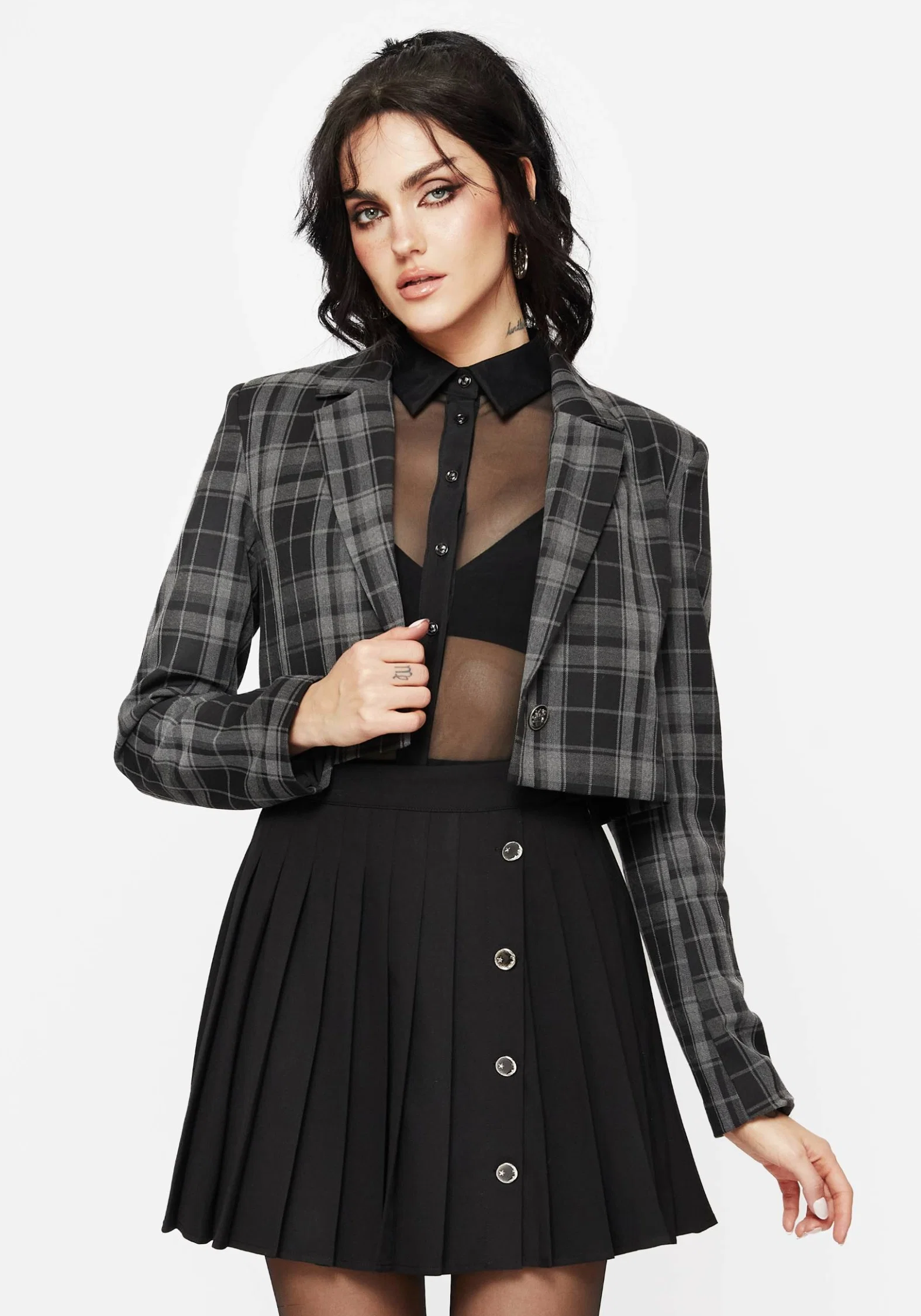 Checkmate Check Crop Blazer - Black - Image 4