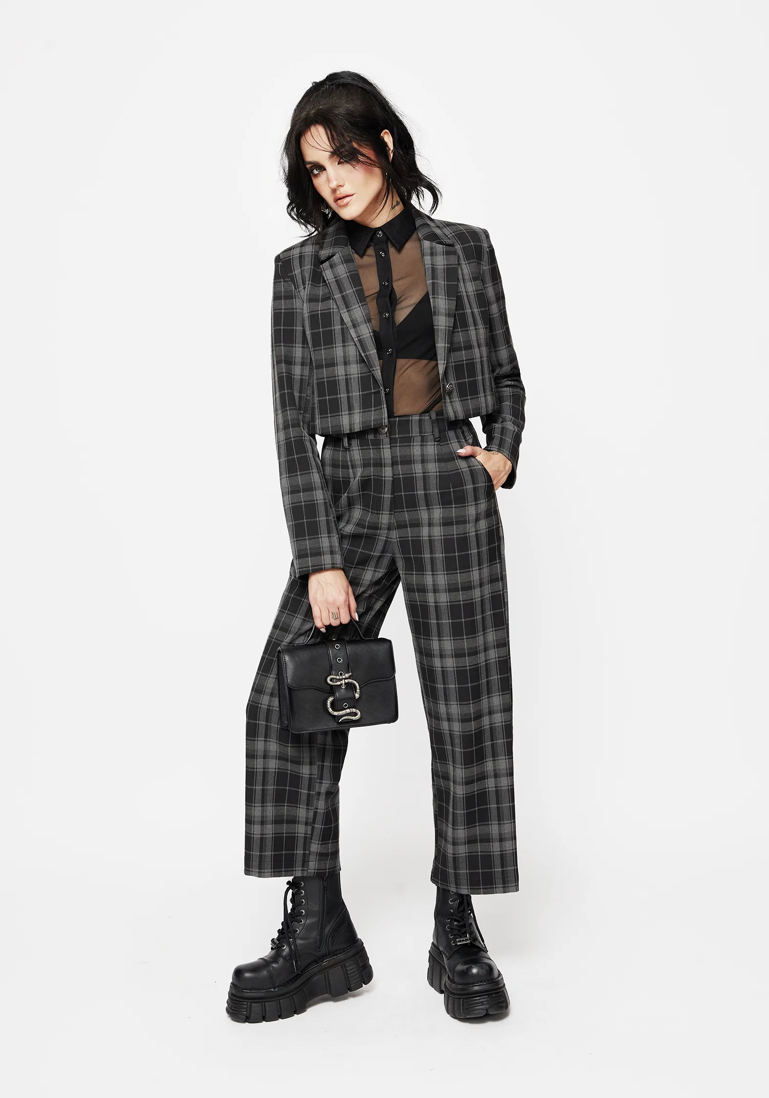 Checkmate Check Crop Blazer - Black - Image 6