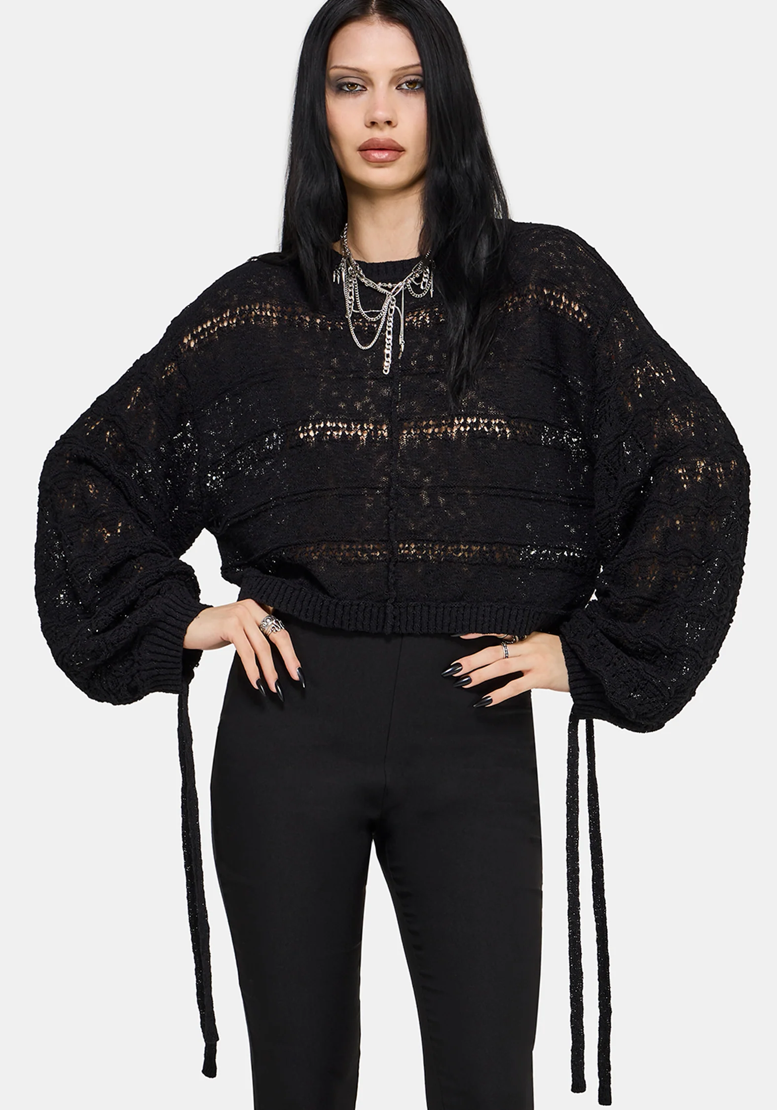 Cherith Balloon Sleeve Pointelle Stripe Jumper - Image 3