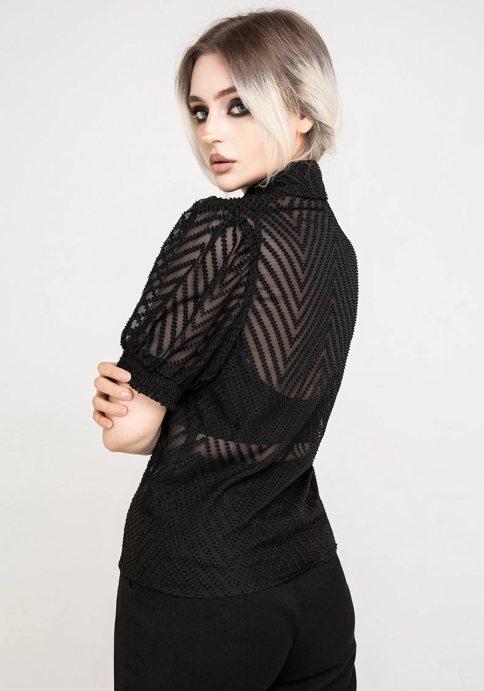 Chevron Button Up Blouse Top - Image 3