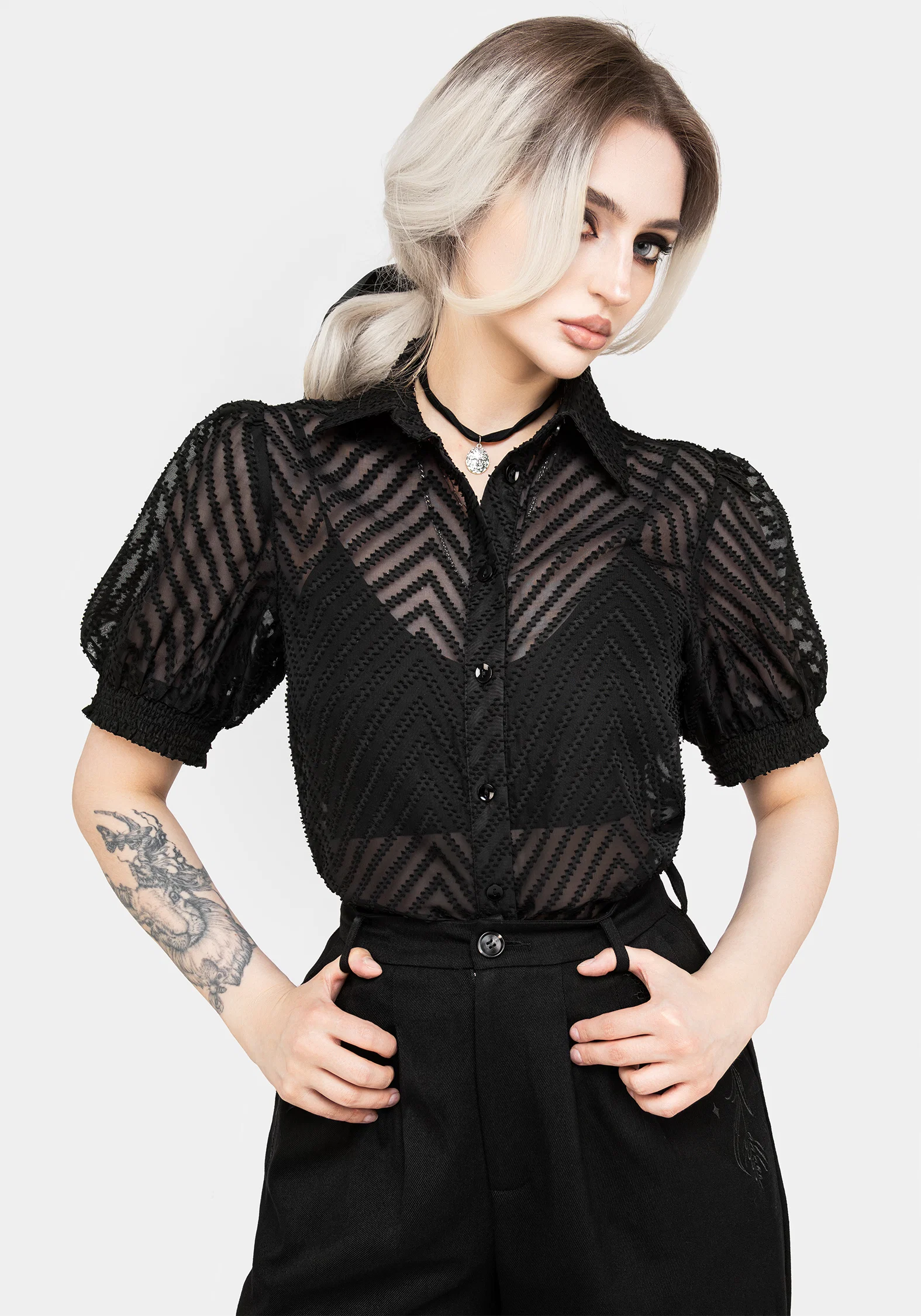 Chevron Button Up Blouse Top - Image 4