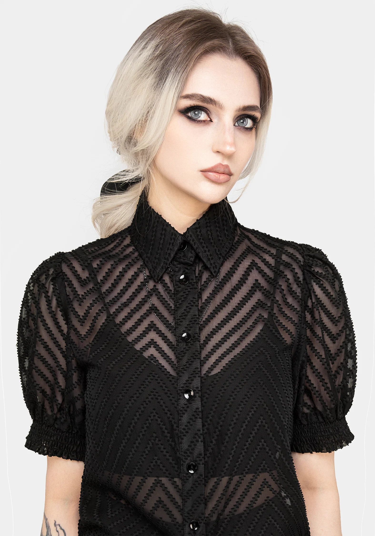 Chevron Button Up Blouse Top - Image 6