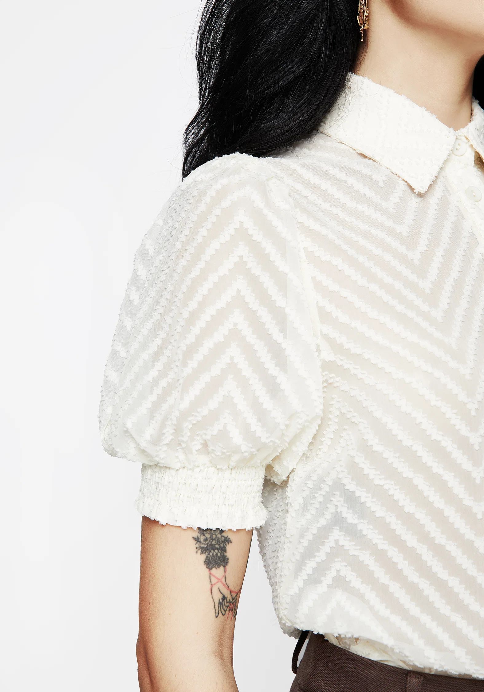 Chevron Button Up Blouse Top - White - Image 2