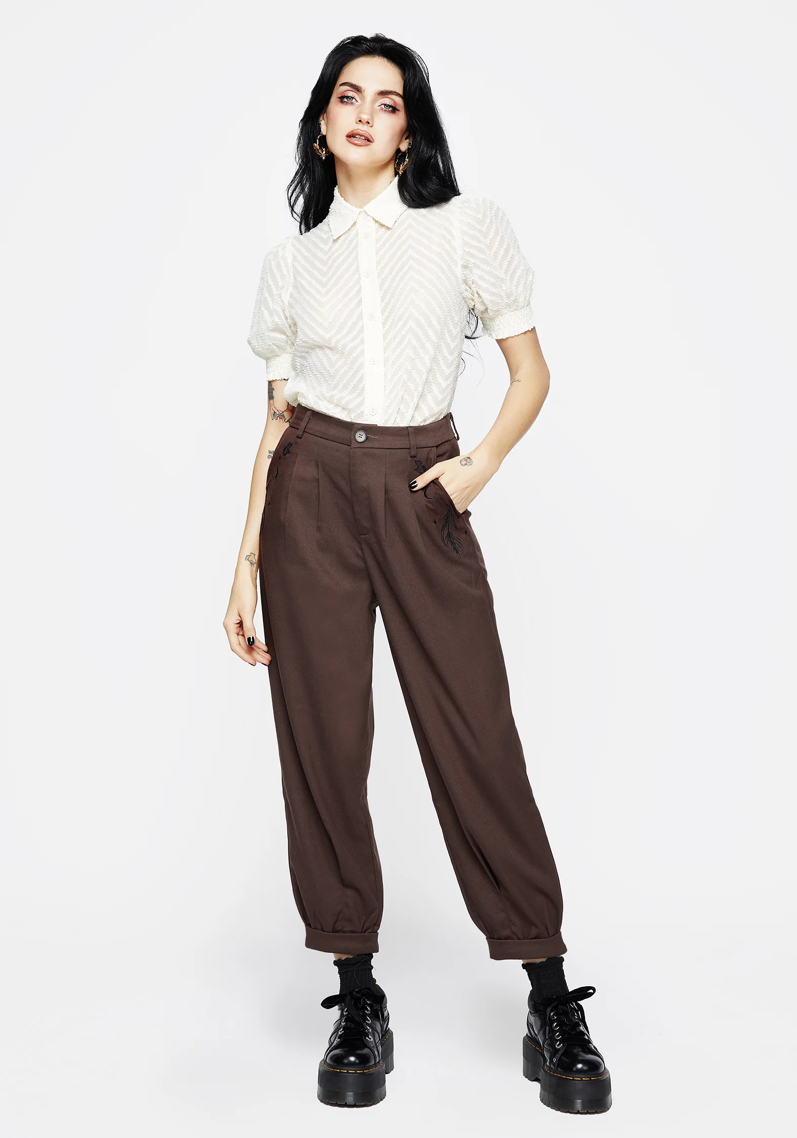 Chevron Button Up Blouse Top - White - Image 4
