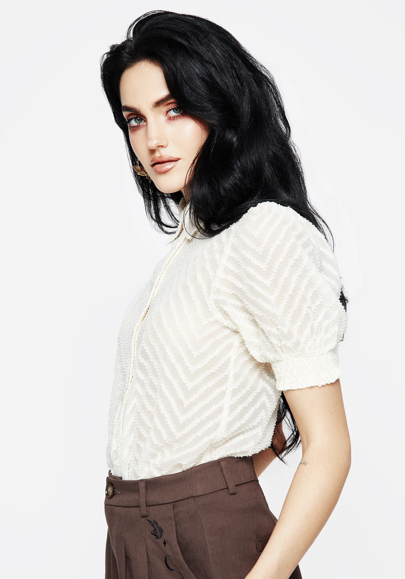 Chevron Button Up Blouse Top - White - Image 5