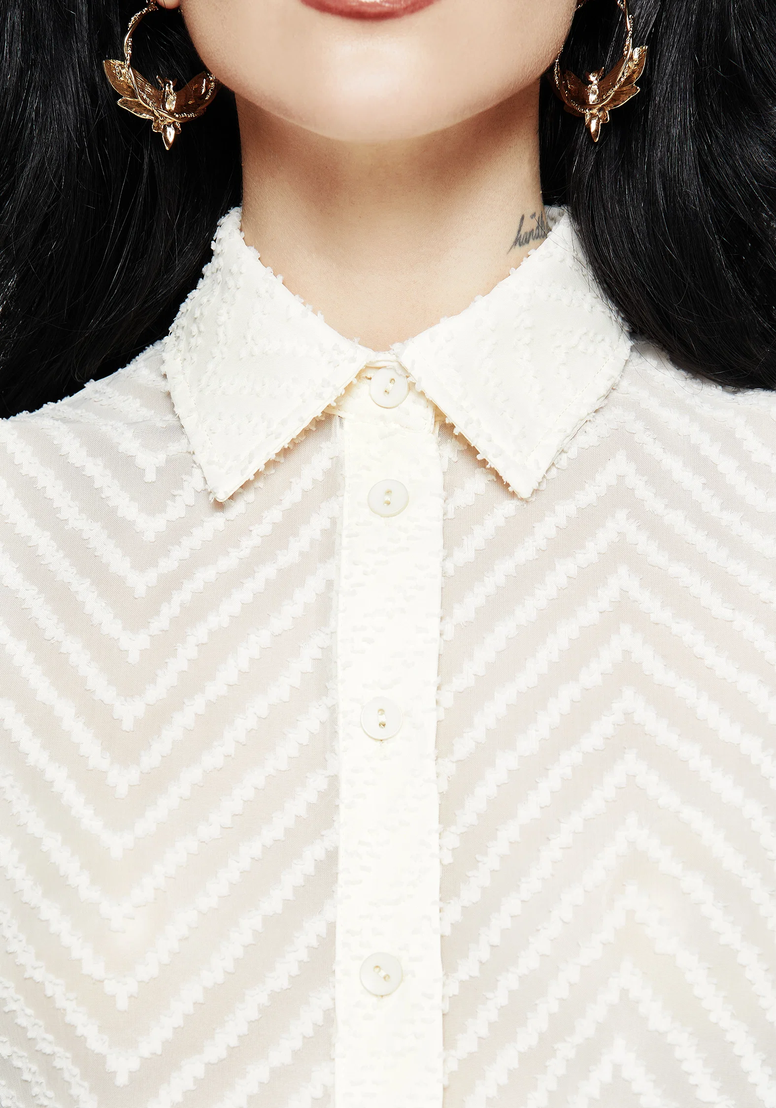 Chevron Button Up Blouse Top - White - Image 6