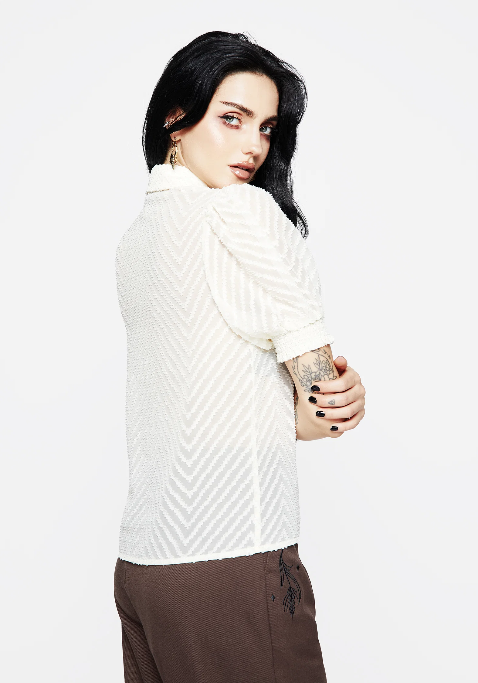 Chevron Button Up Blouse Top - White - Image 7