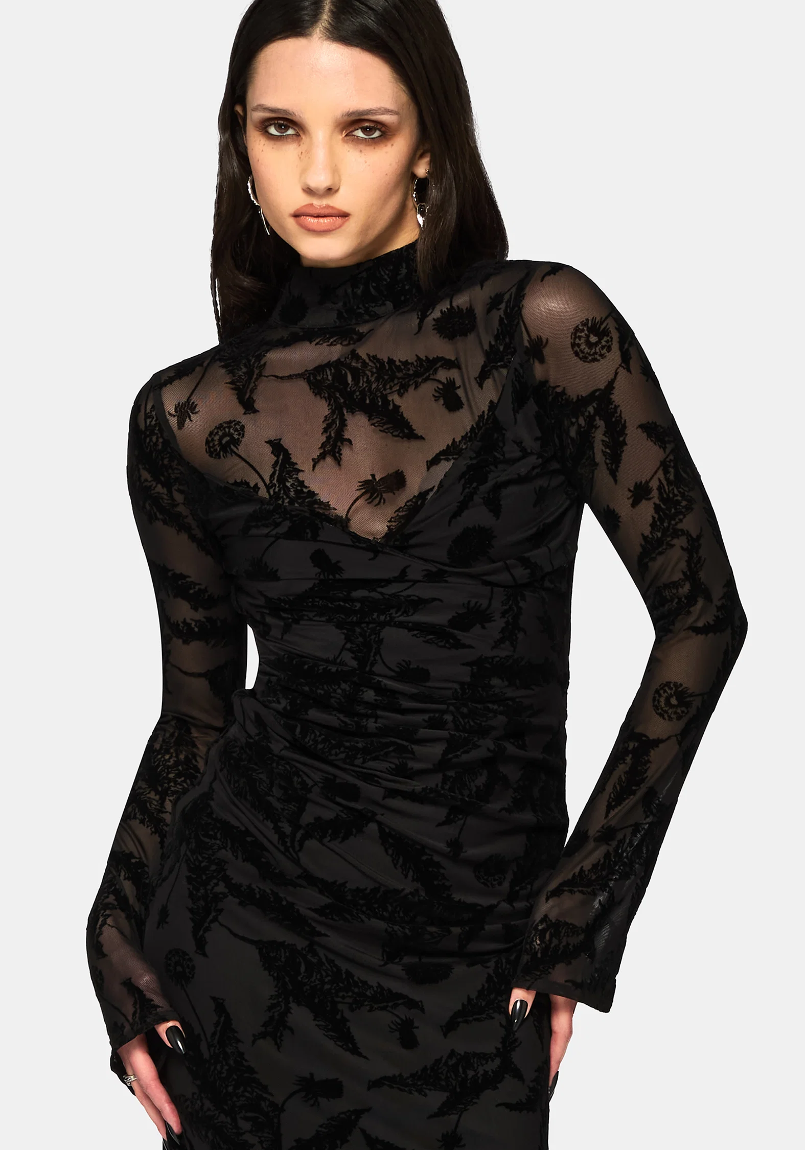 Cimora Dandelion Flocked Mesh Ruched Midaxi Dress - Image 4