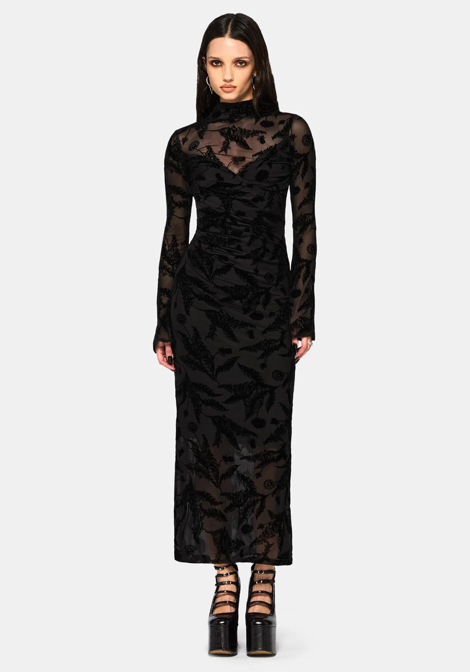Cimora Dandelion Flocked Mesh Ruched Midaxi Dress - Image 5