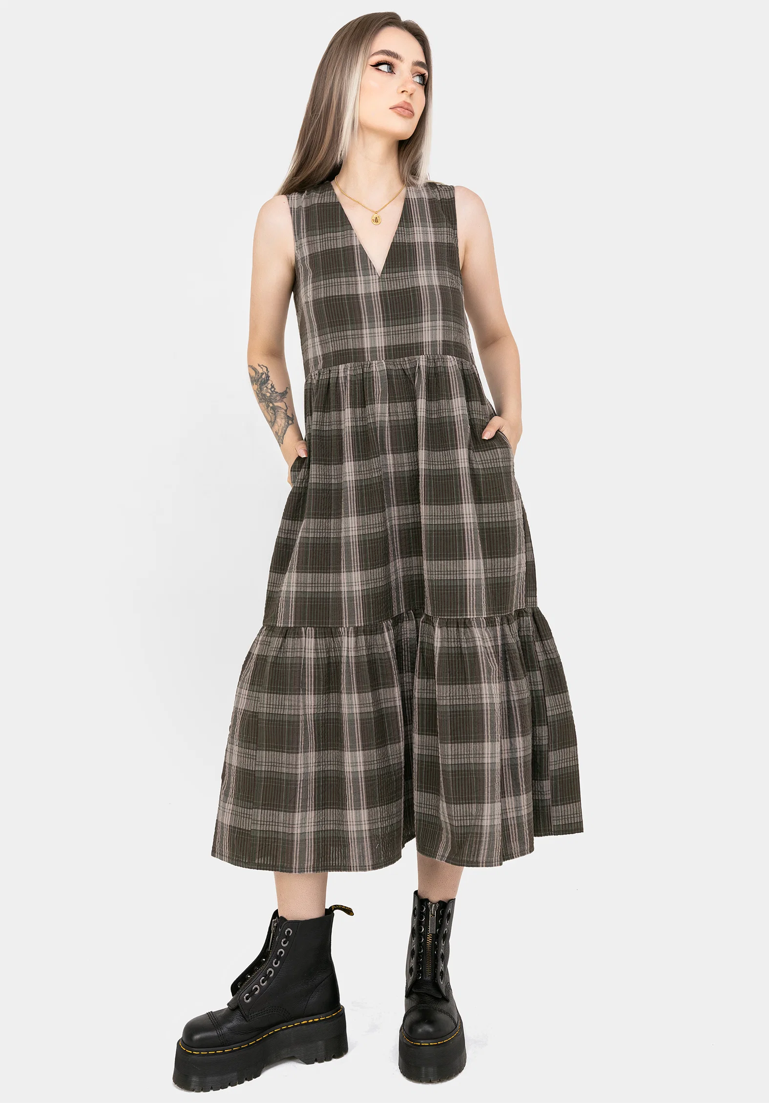Clara Cotton Check Sleeveless Tiered Smock Midi Dress - Image 4