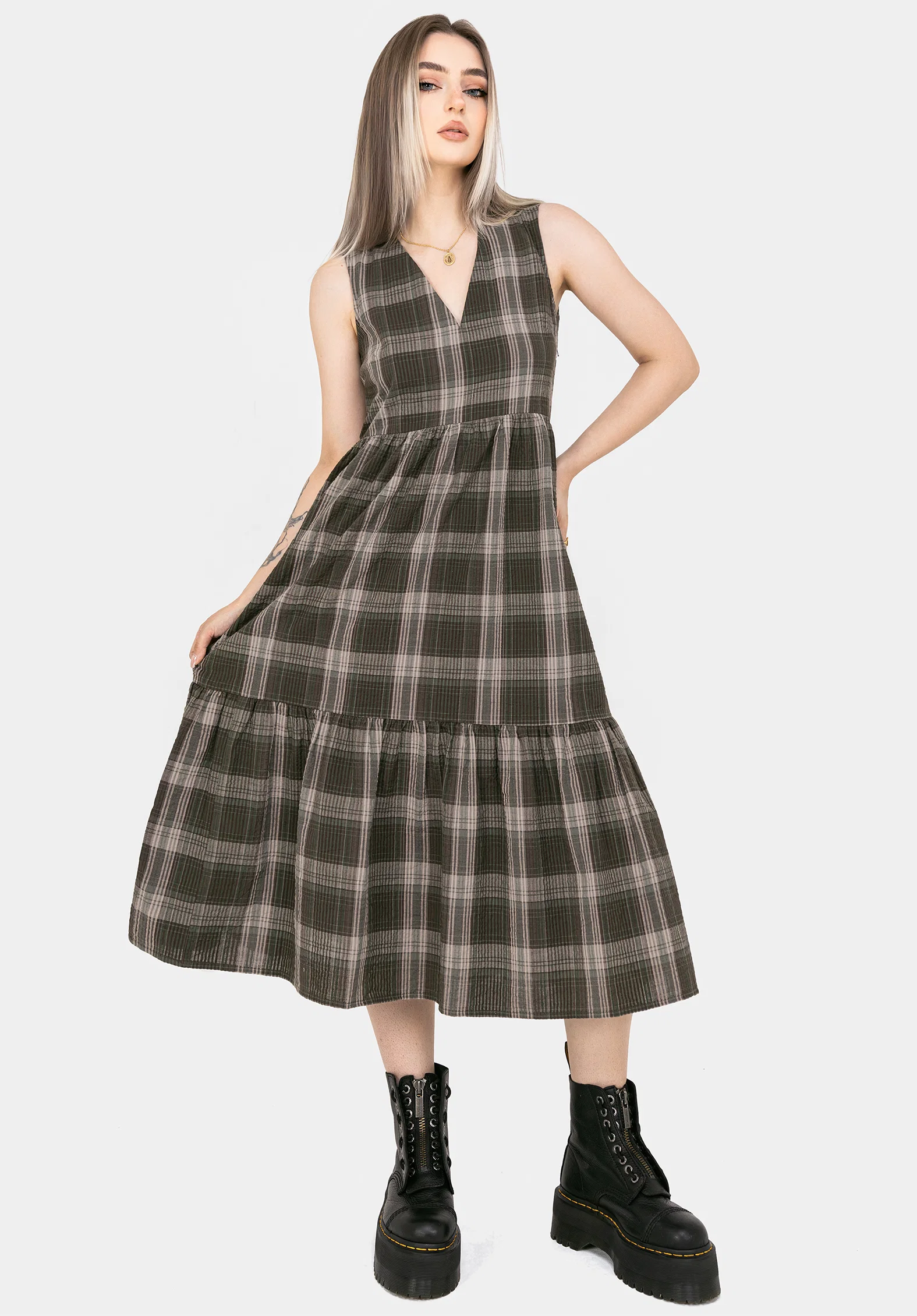 Clara Cotton Check Sleeveless Tiered Smock Midi Dress - Image 6