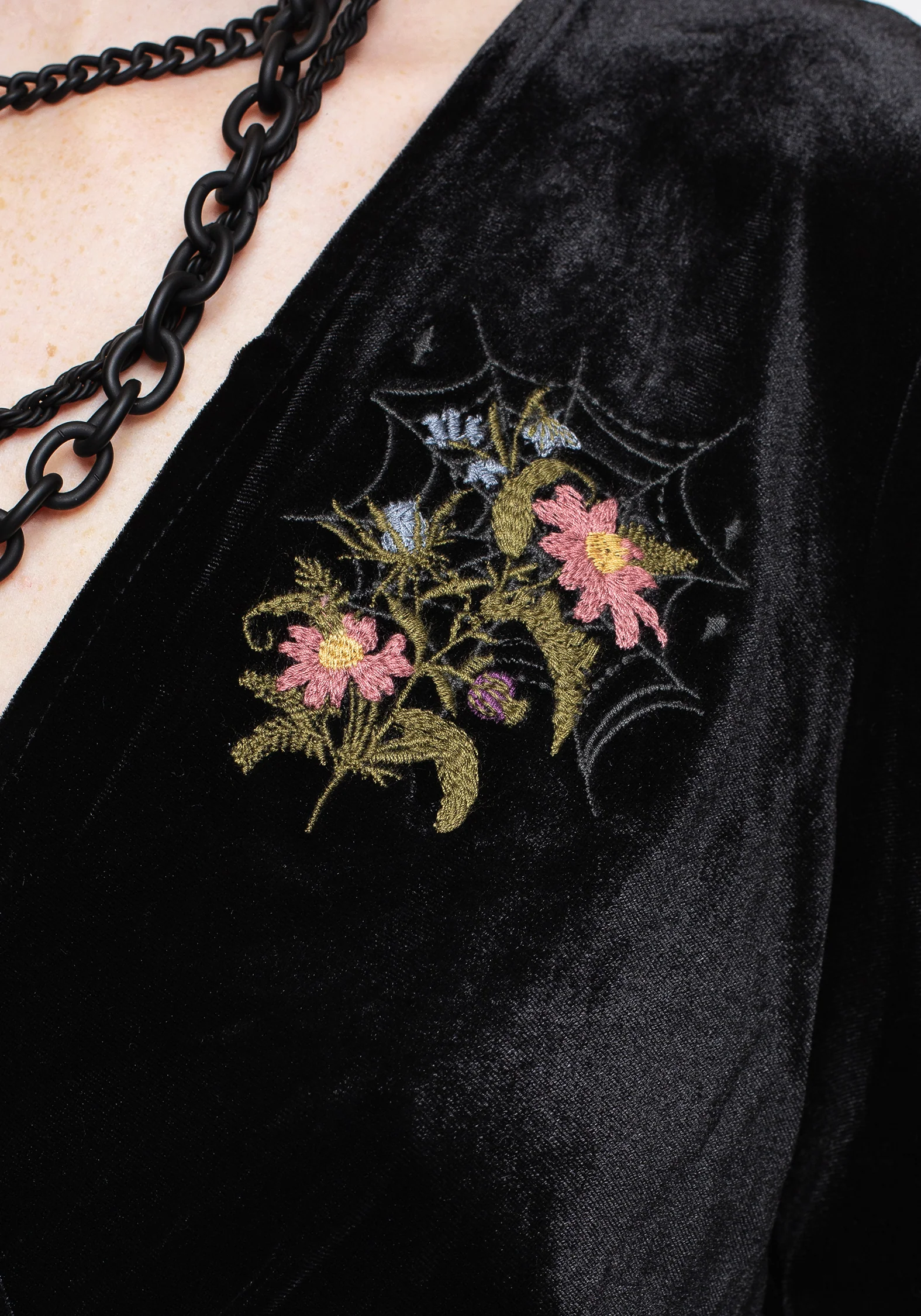 Cleome Floral Spiderweb Embroidered Velour Faux Wrap Mini Dress - Image 2