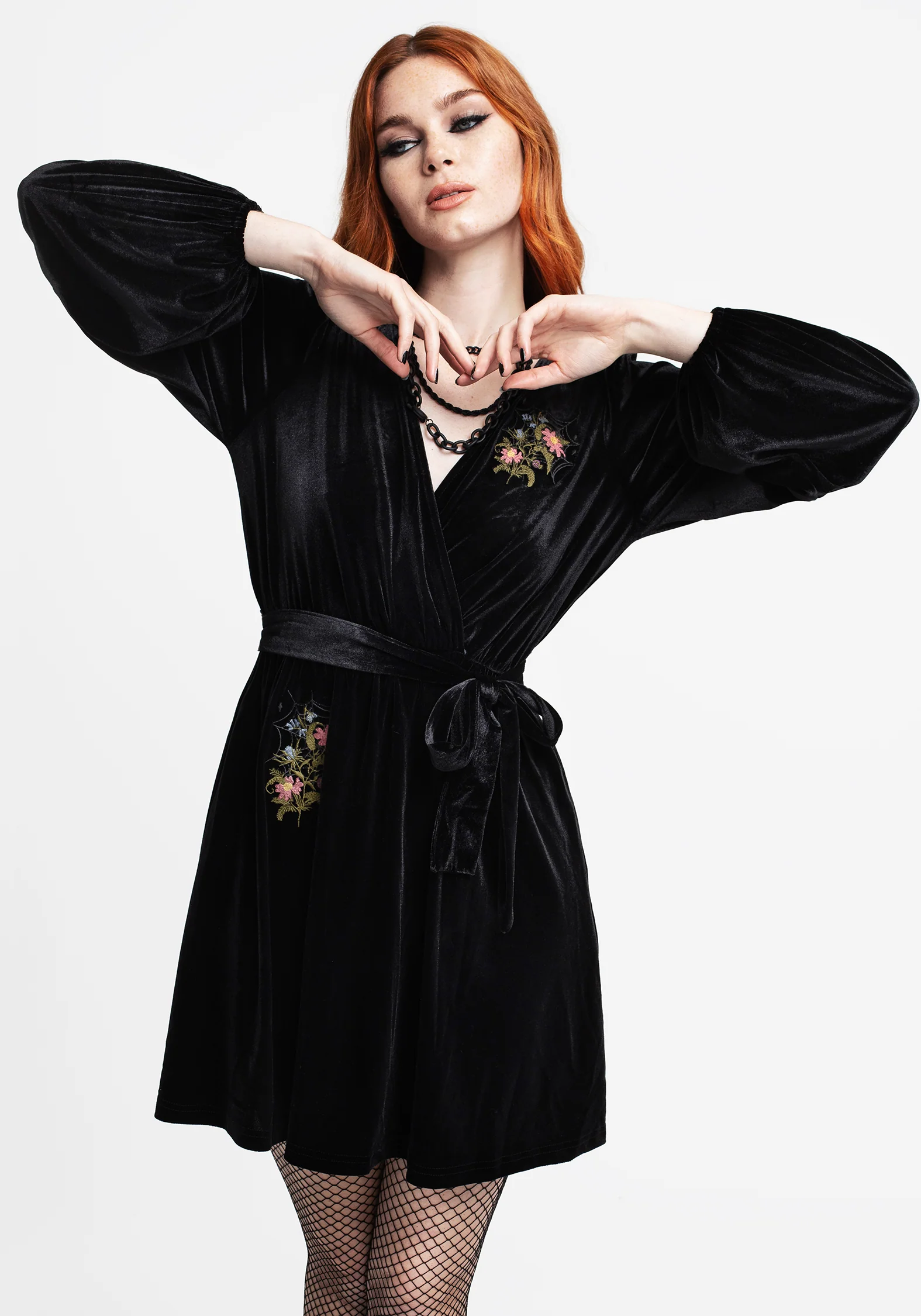 Cleome Floral Spiderweb Embroidered Velour Faux Wrap Mini Dress - Image 4