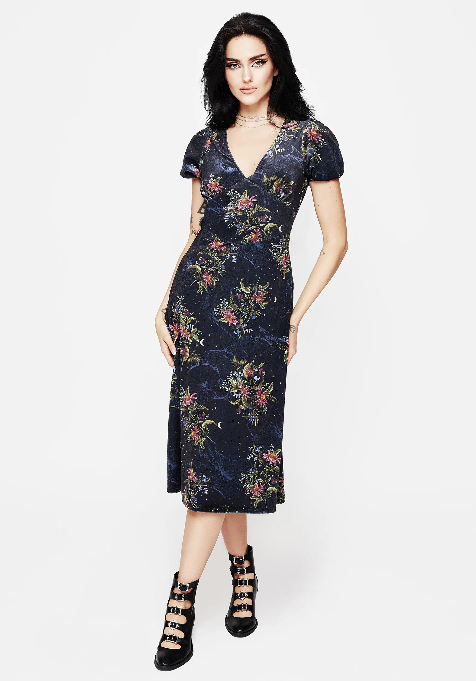 Cleome Floral Spiderweb Velour Corset Midi Dress - Image 5