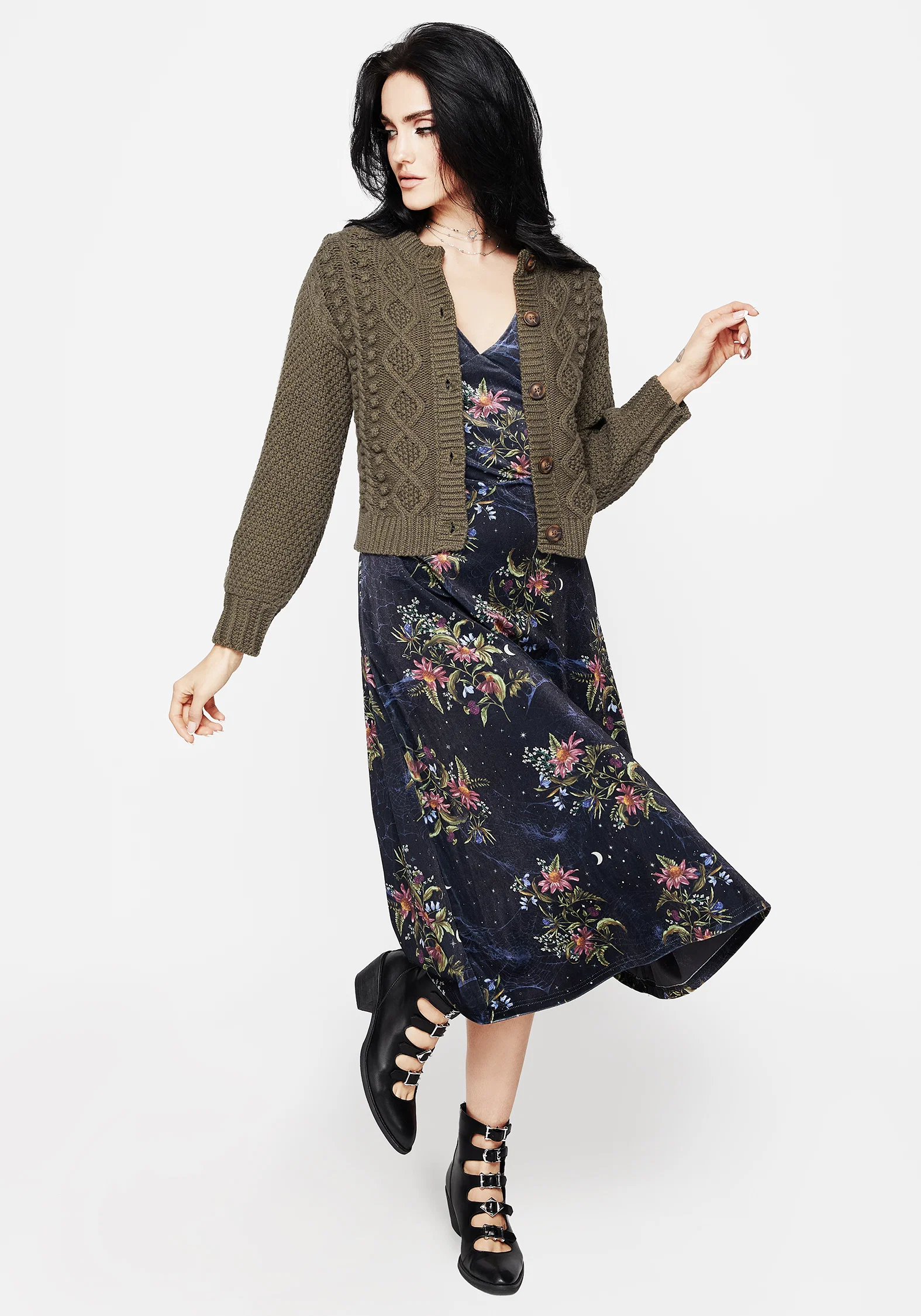 Cleome Floral Spiderweb Velour Corset Midi Dress - Image 7