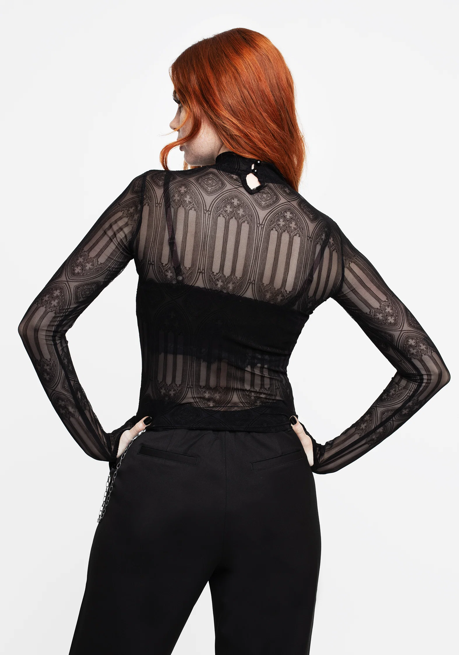 Cloister Flocked Mesh High Neck Long Sleeve Top - Image 3