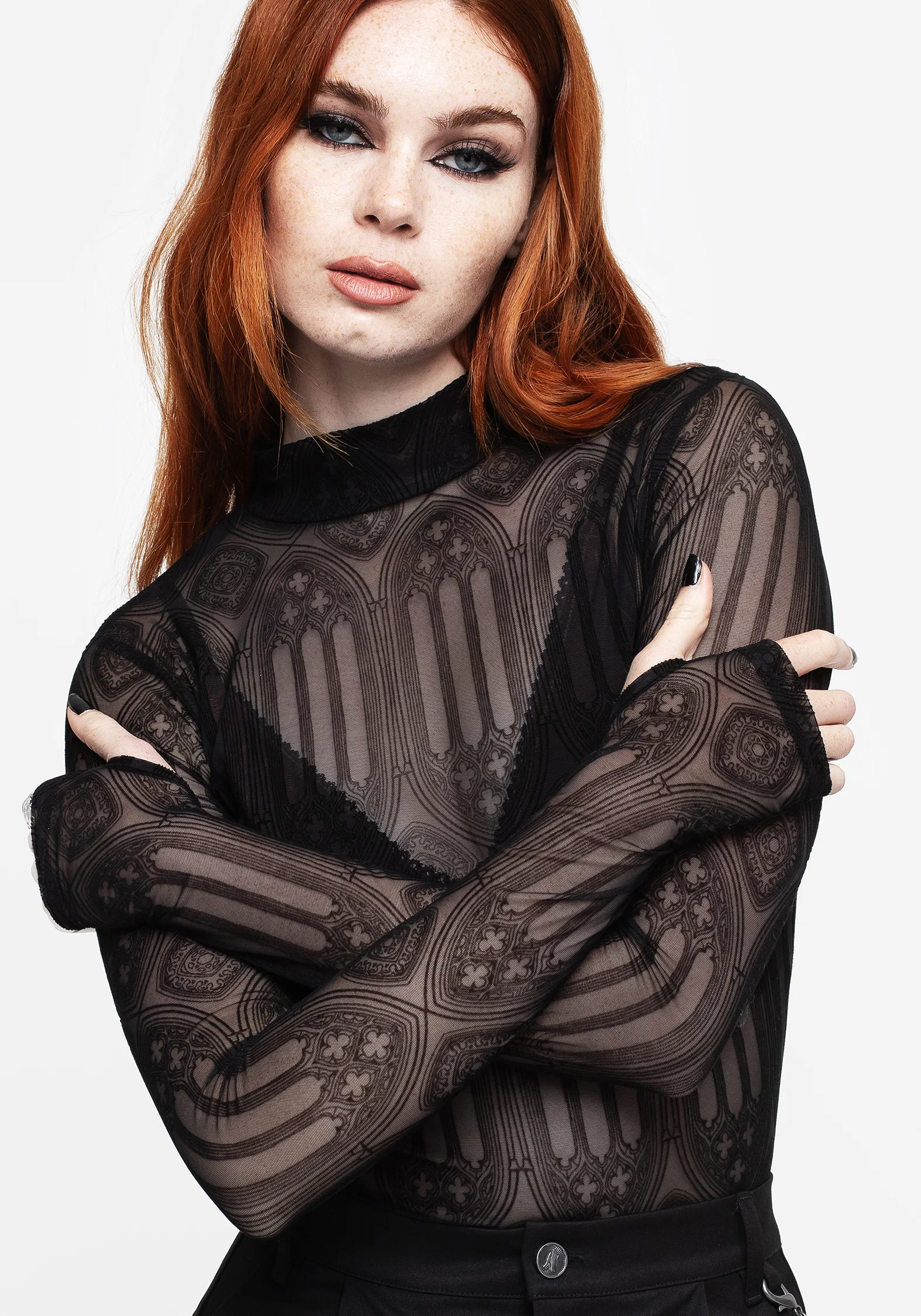 Cloister Flocked Mesh High Neck Long Sleeve Top - Image 4