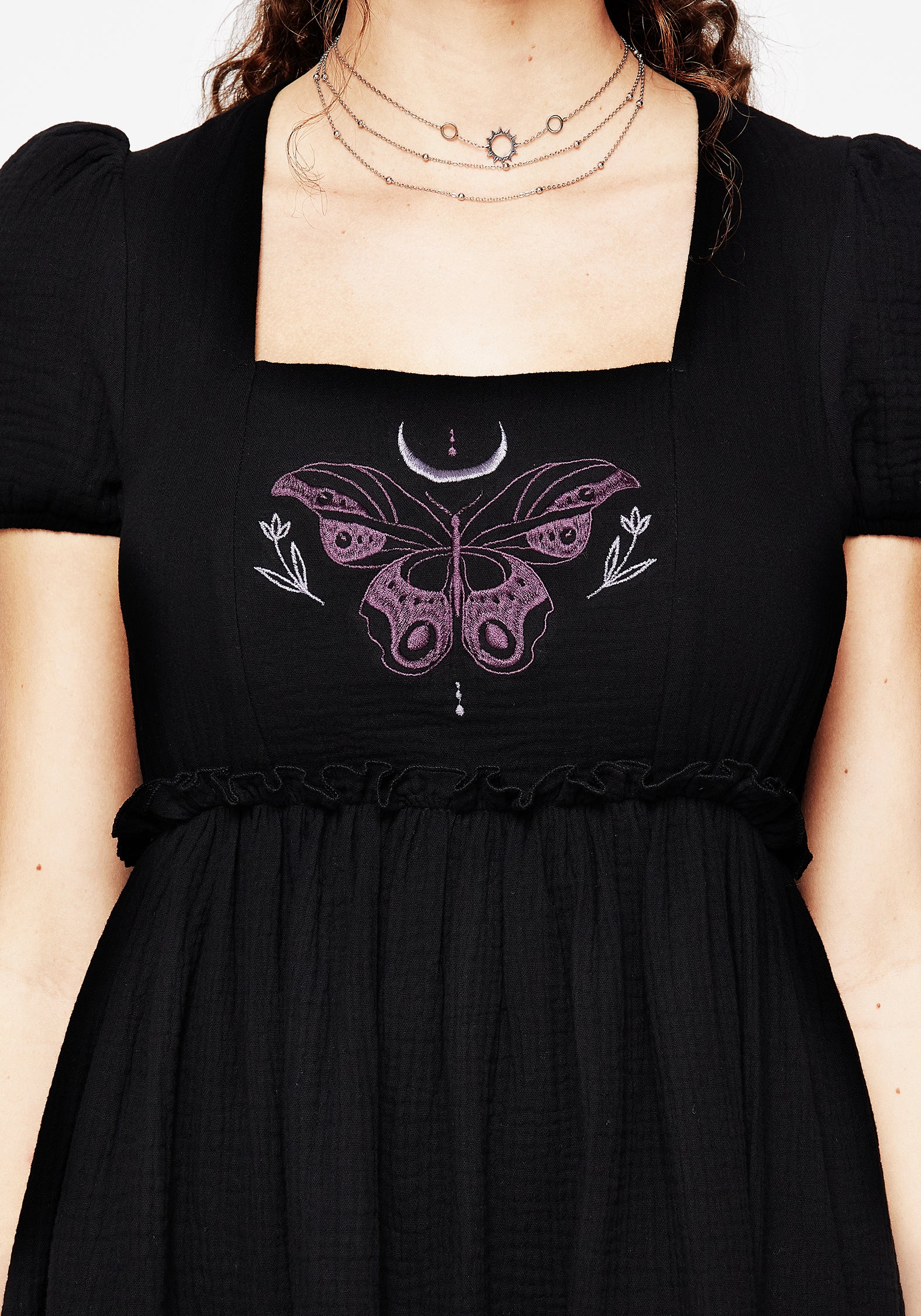 Cocoon Butterfly Embroidered Puff Sleeve Mini Dress - Image 2