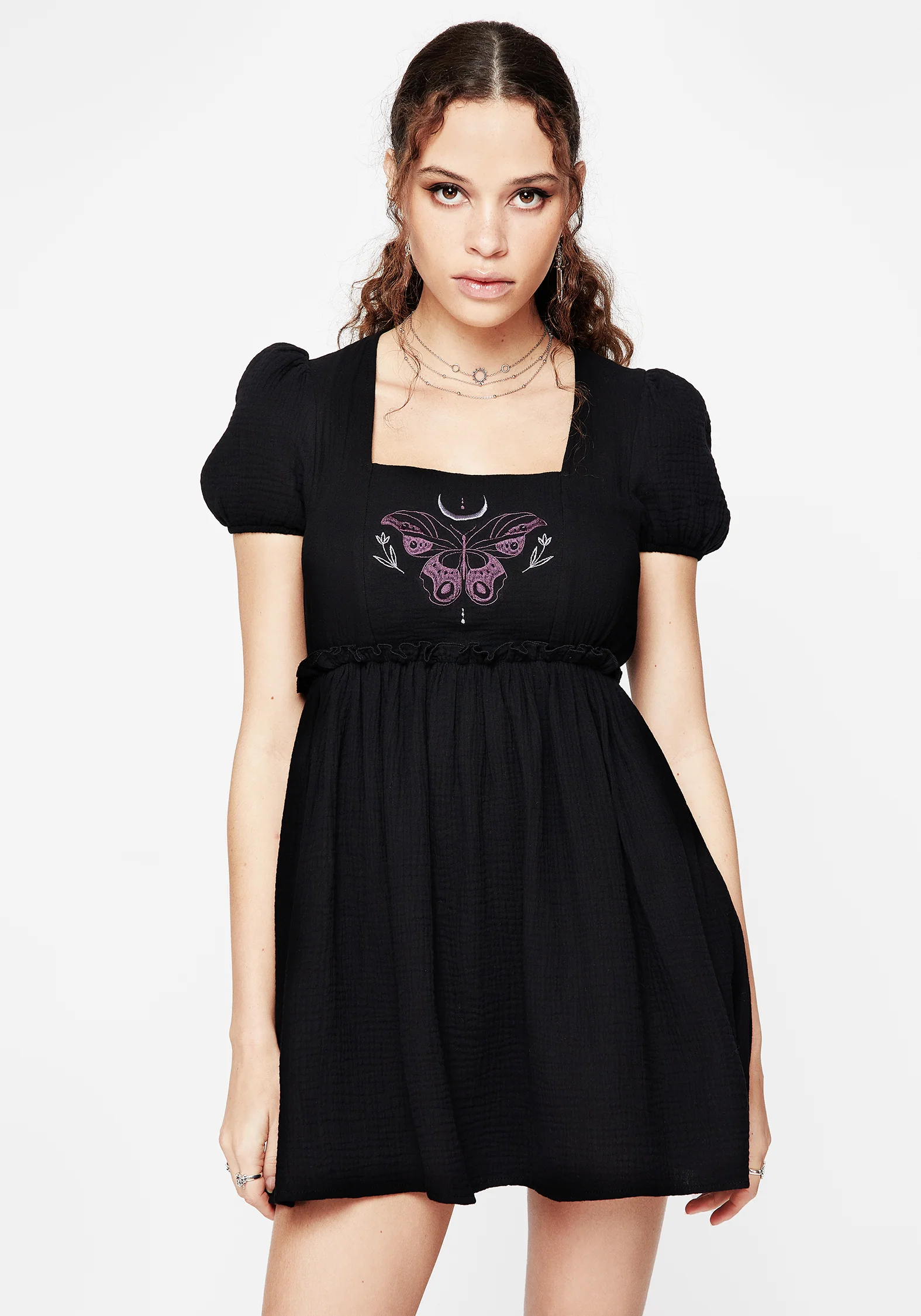 Cocoon Butterfly Embroidered Puff Sleeve Mini Dress - Image 4