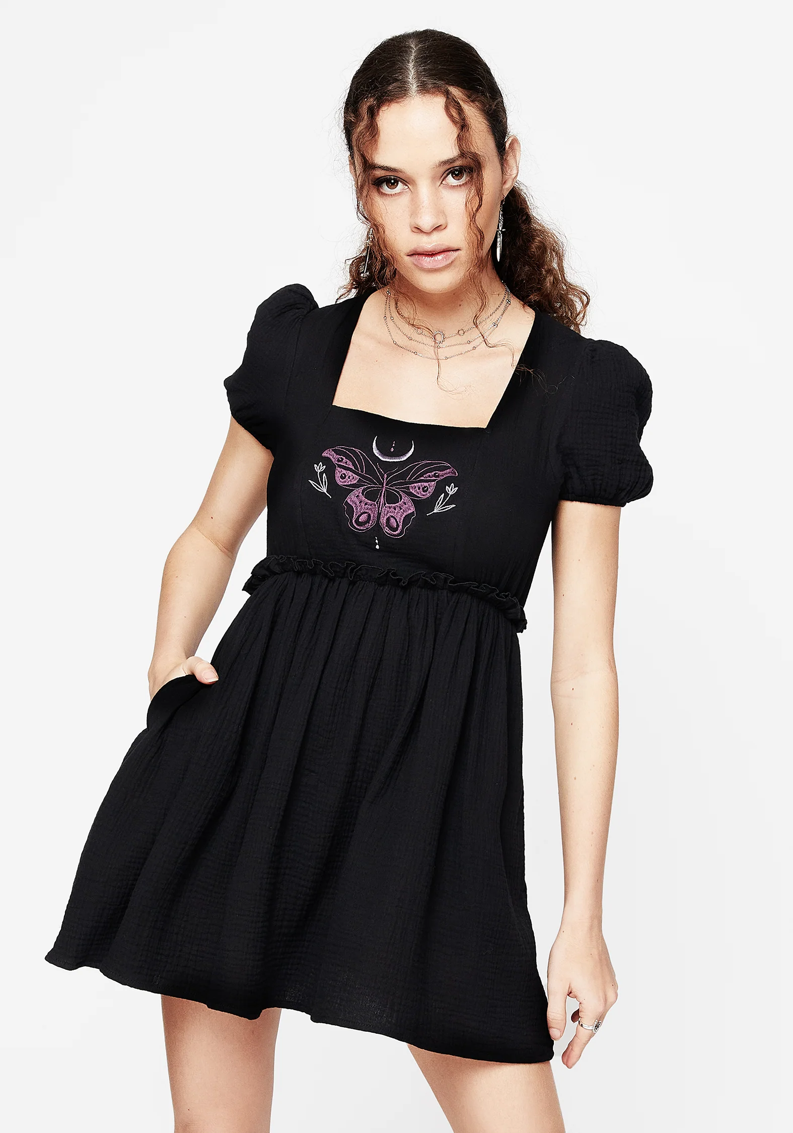 Cocoon Butterfly Embroidered Puff Sleeve Mini Dress - Image 7