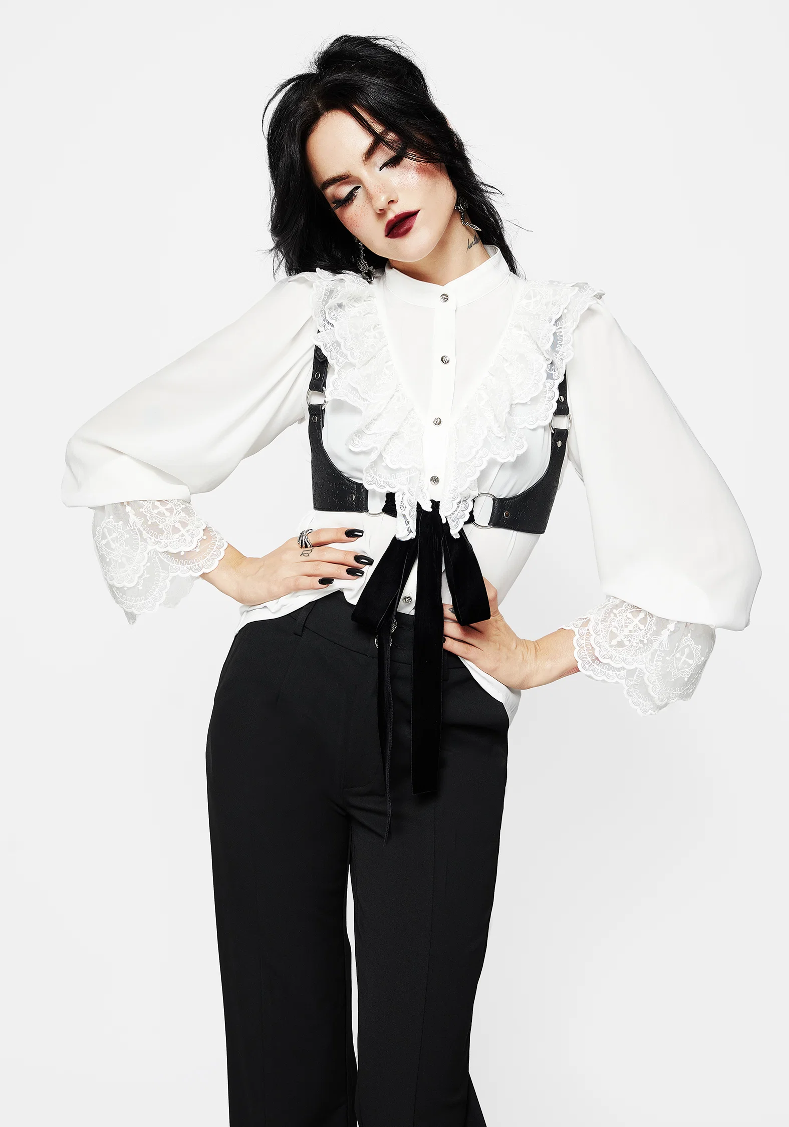 Constance Lace Frill Button Up Blouse Top - Image 4