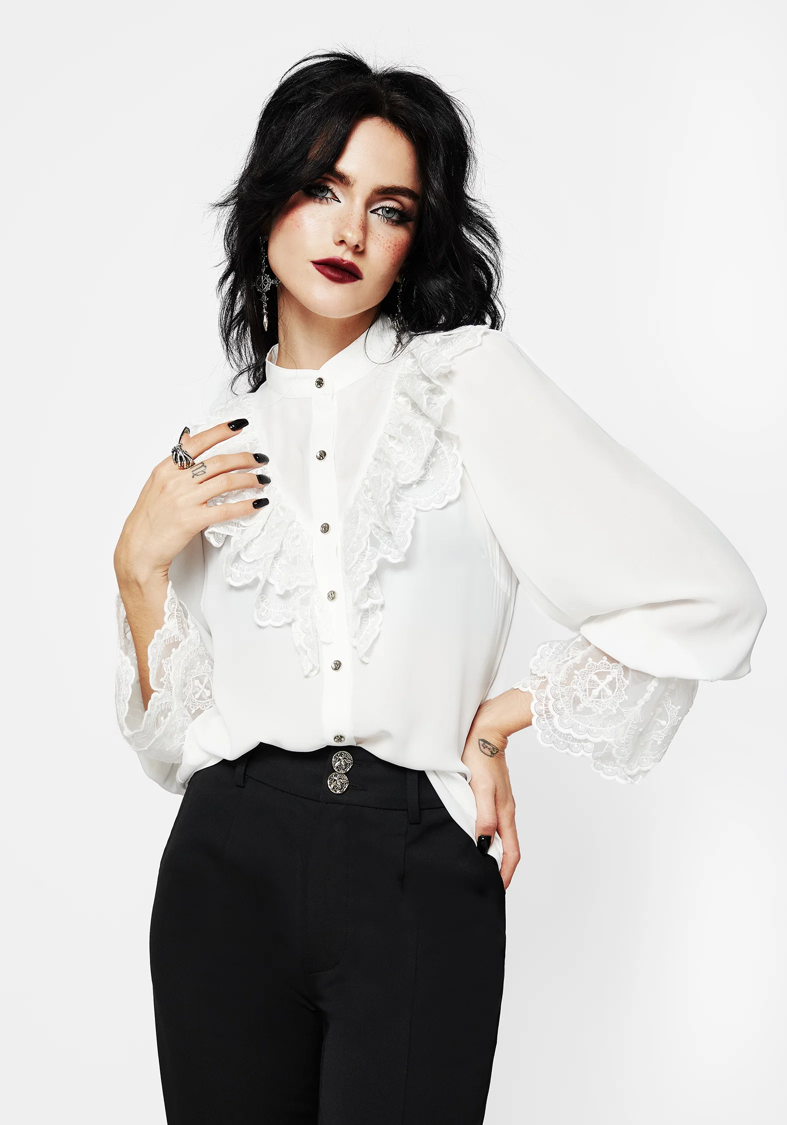 Constance Lace Frill Button Up Blouse Top - Image 6