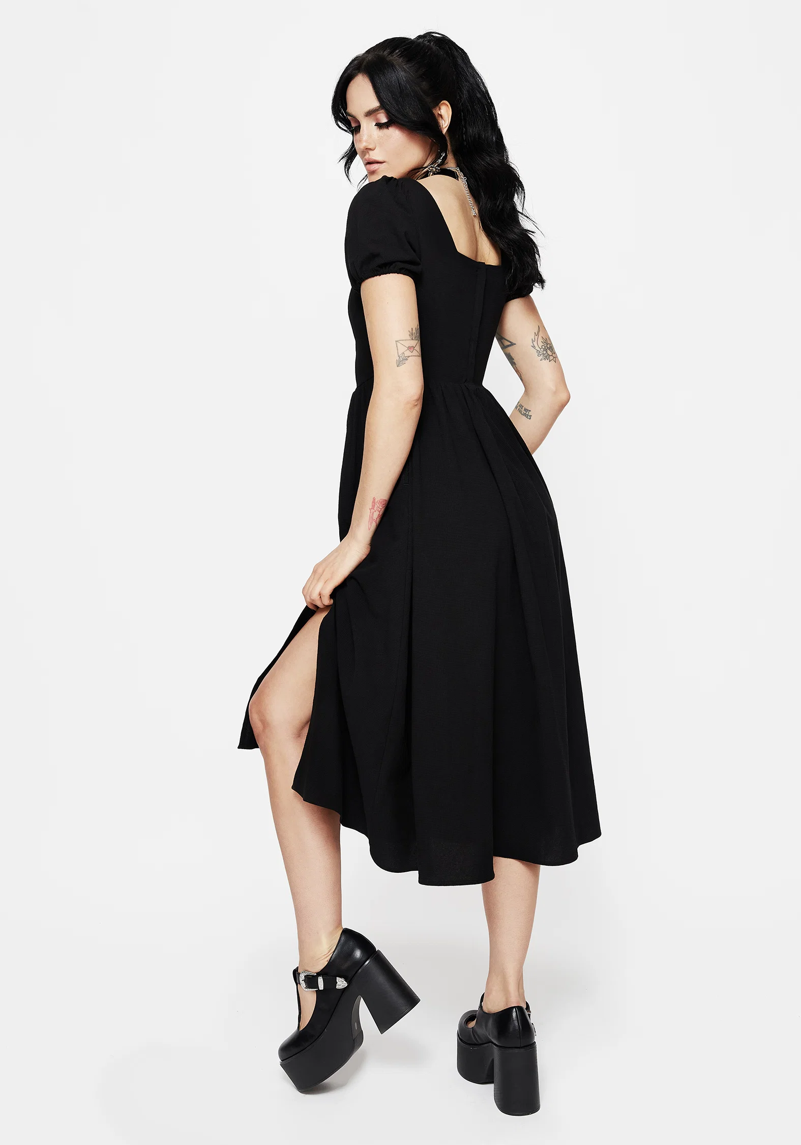 Copia Moth Embroidered Cotton Puff Sleeve Split Skirt Midi Dress - Image 3