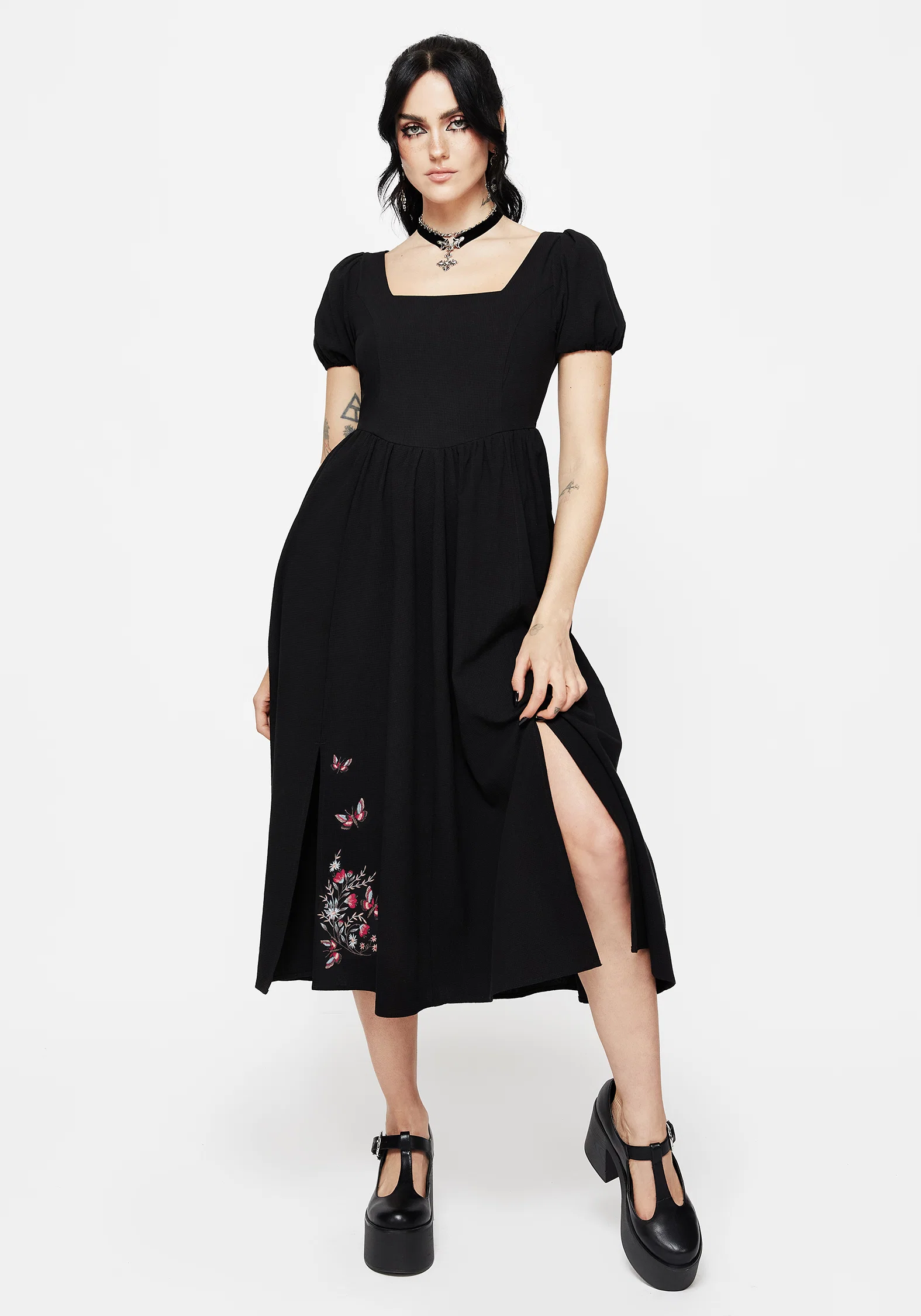 Copia Moth Embroidered Cotton Puff Sleeve Split Skirt Midi Dress - Image 4
