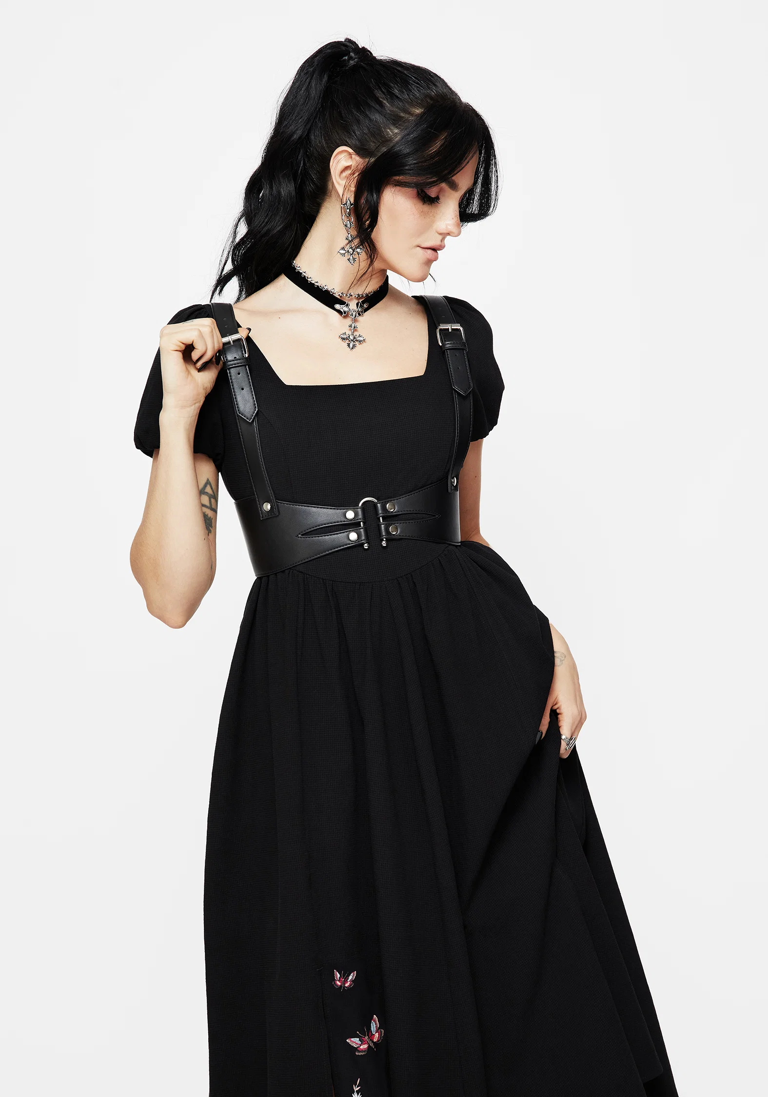 Copia Moth Embroidered Cotton Puff Sleeve Split Skirt Midi Dress - Image 5