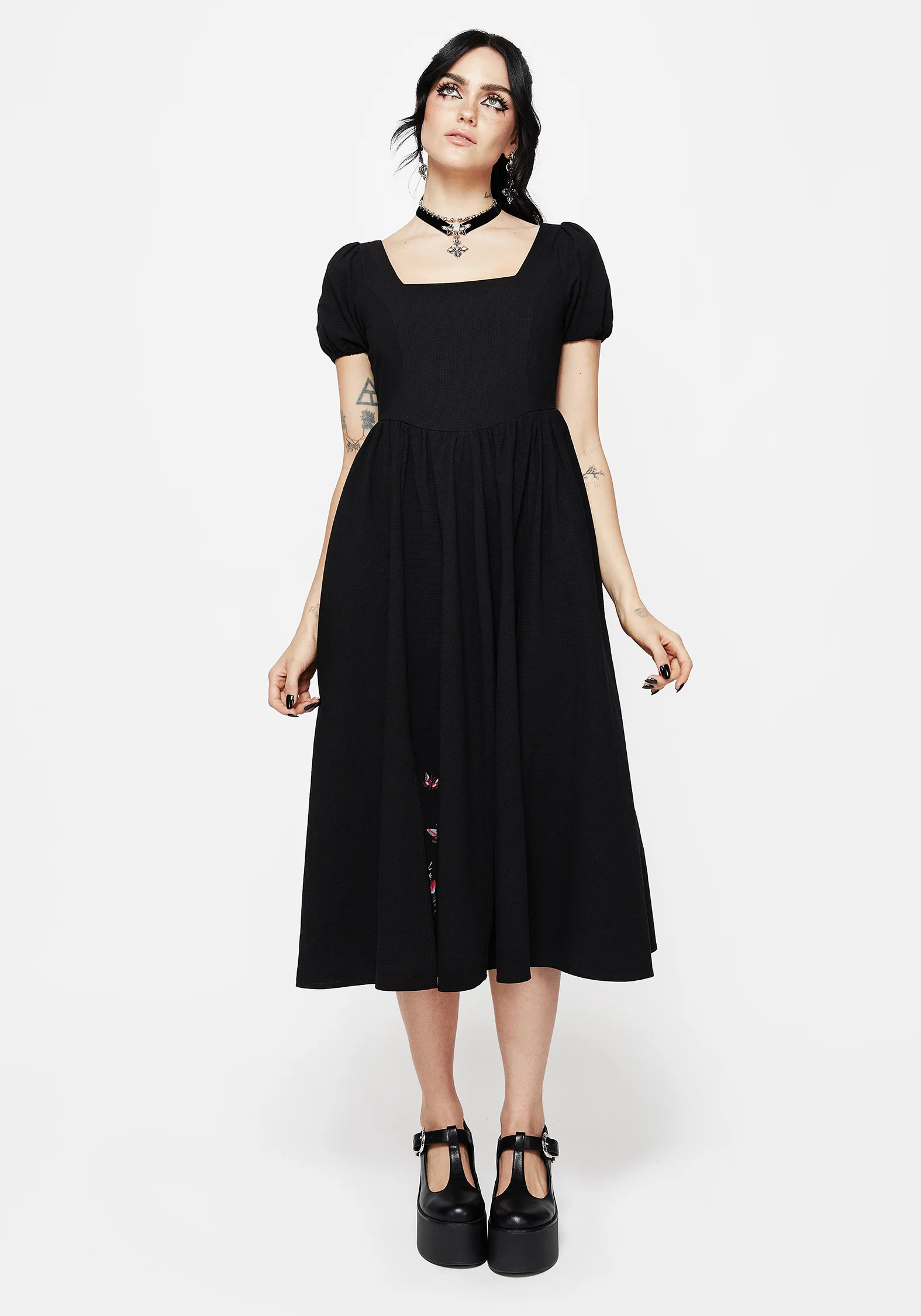 Copia Moth Embroidered Cotton Puff Sleeve Split Skirt Midi Dress - Image 7