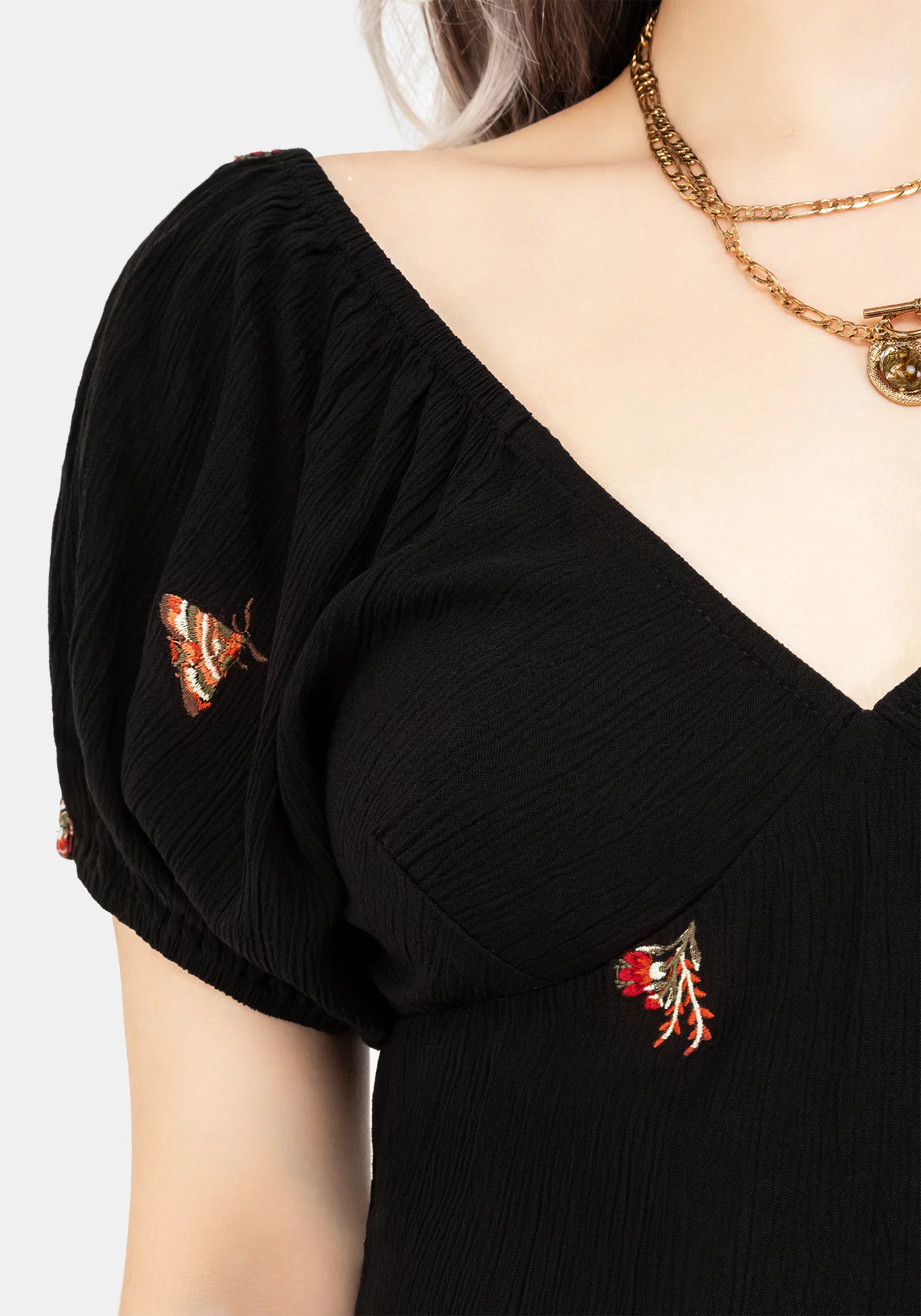Copia Moth Embroidered Cotton Puff Sleeve Top - Image 2