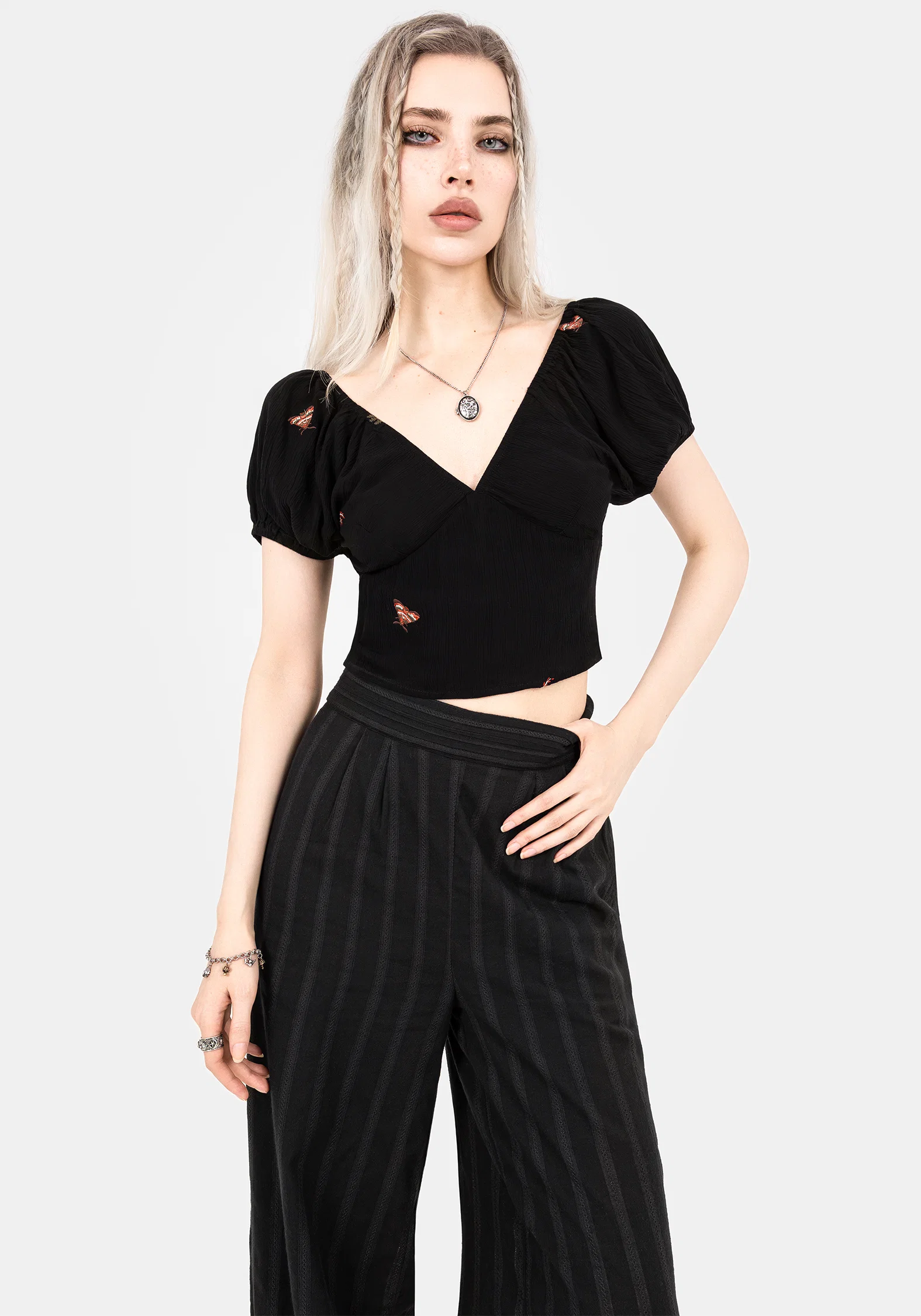 Copia Moth Embroidered Cotton Puff Sleeve Top - Image 9