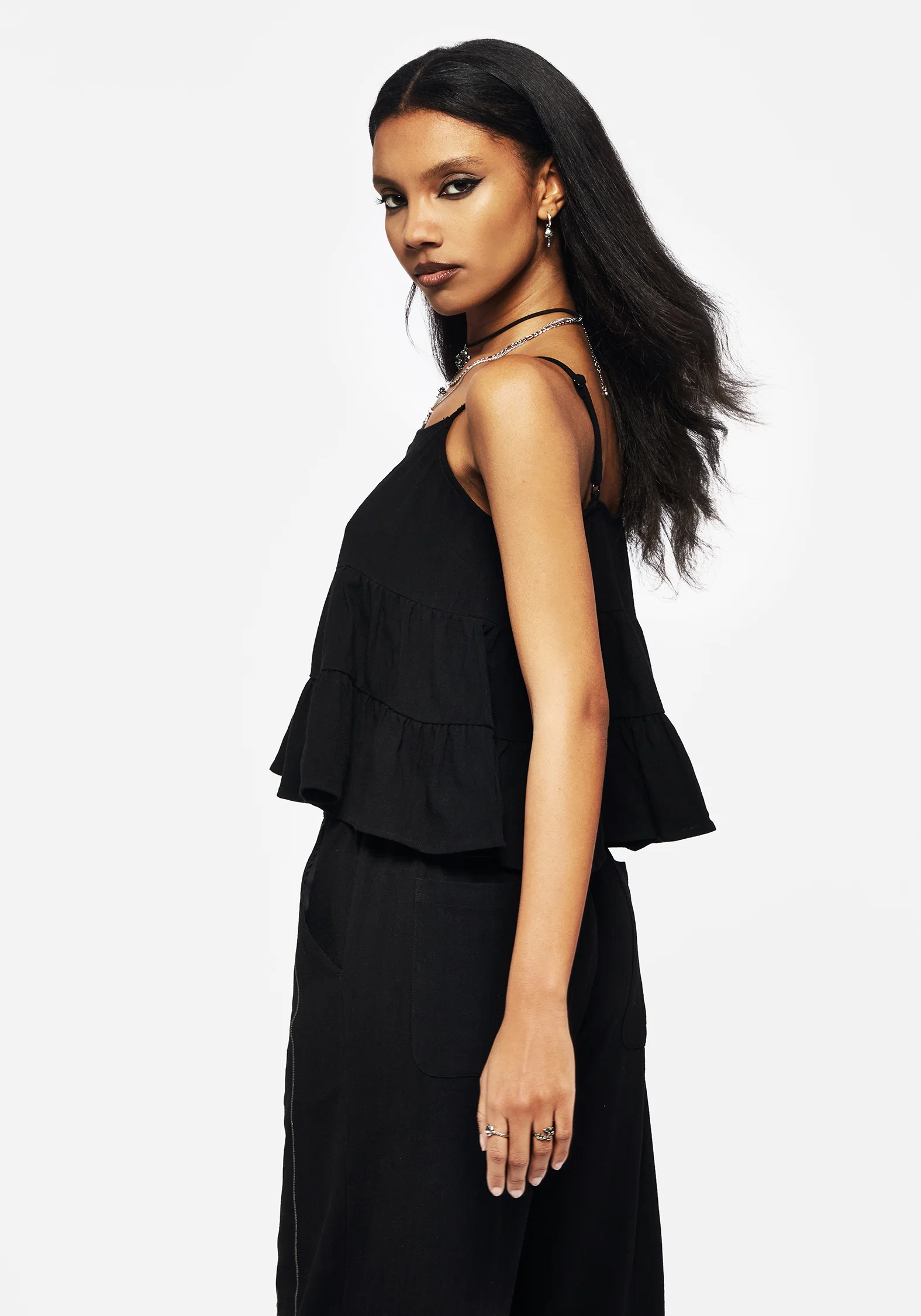 Cordata Linen-Blend Embroidered Tiered Cami Top - Black - Image 6