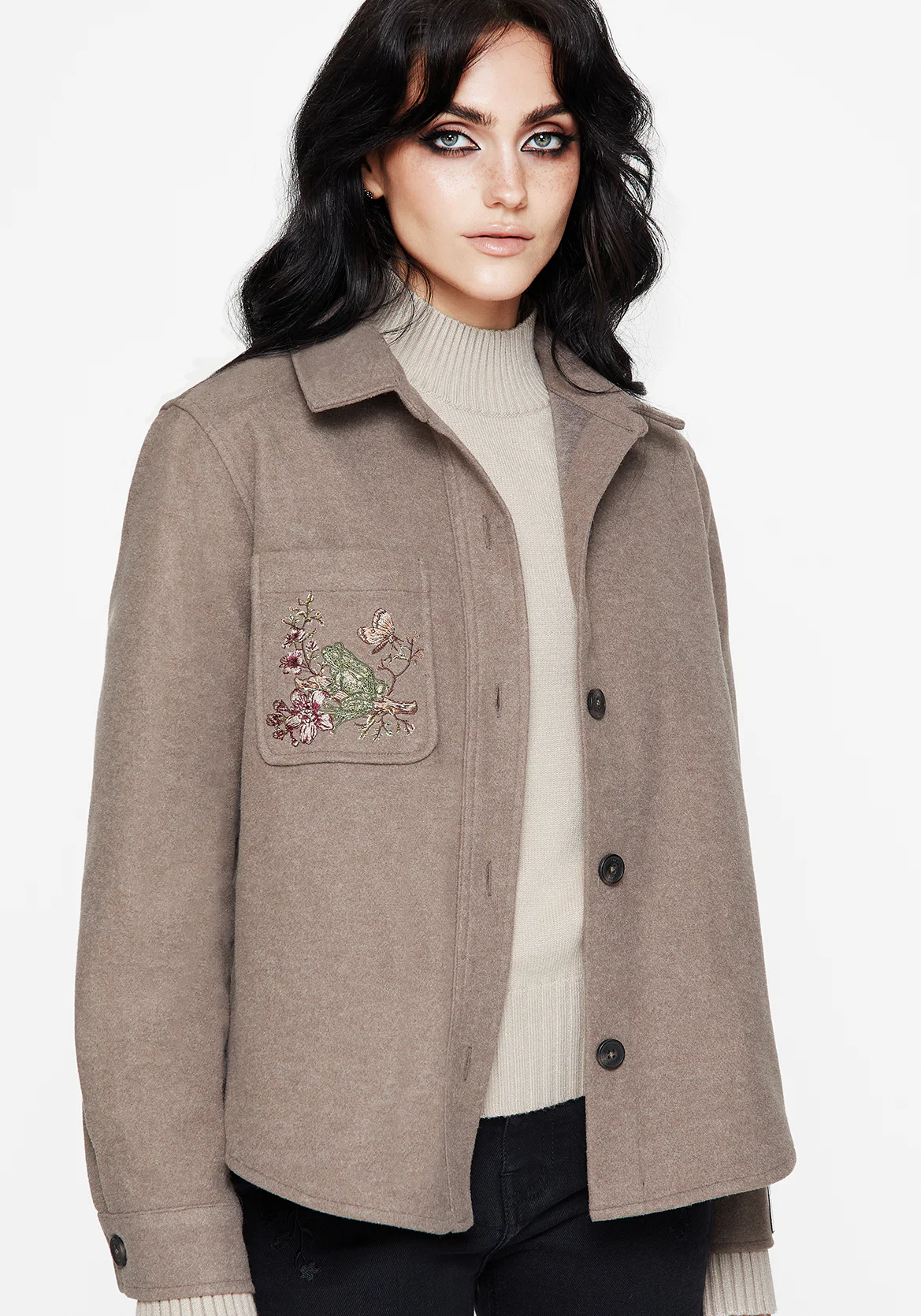 Cordelia Floral Frog Embroidered Pocket Front Shacket - Image 8
