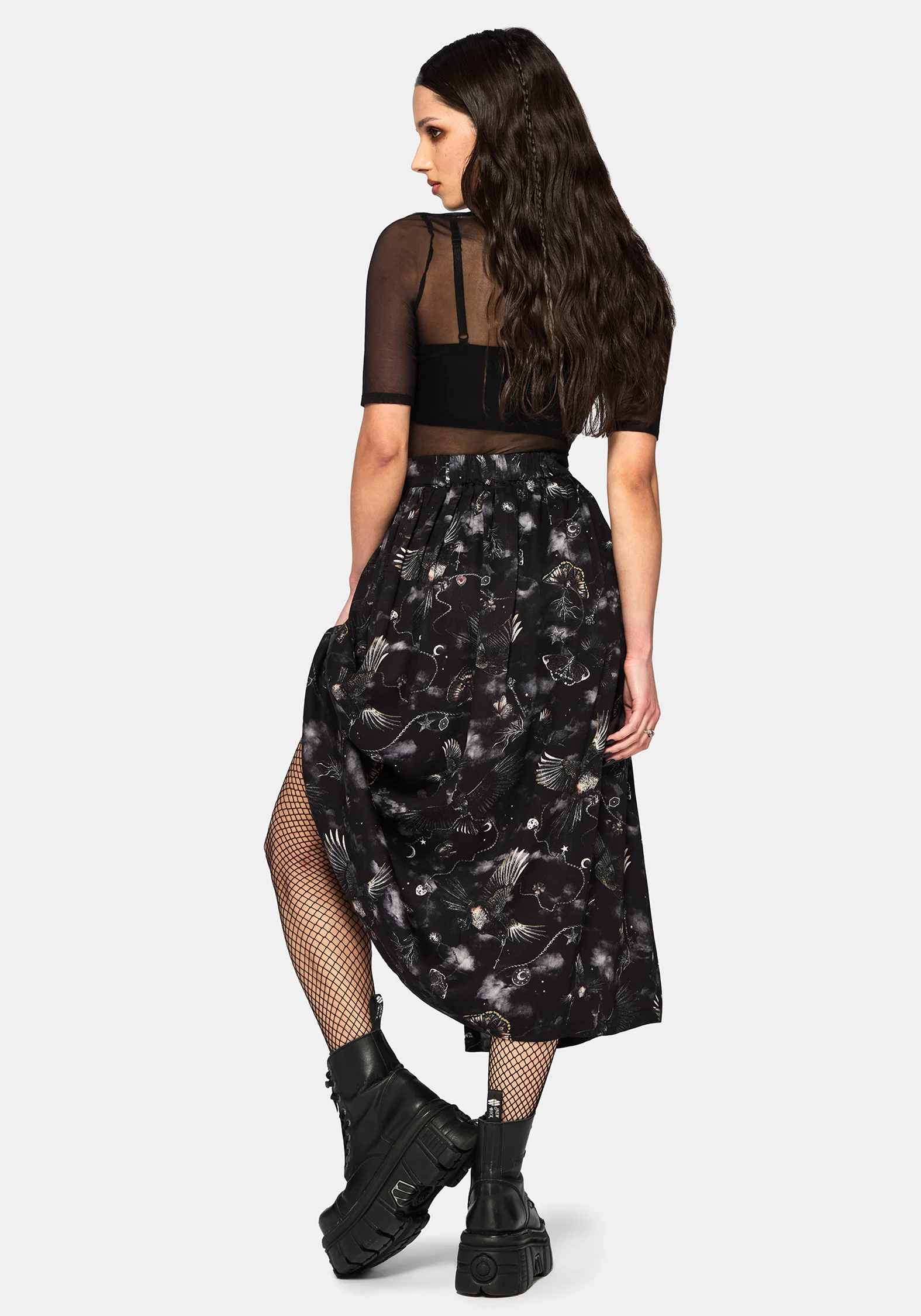 Crimson Magpie and Moth Print Button Up Midi Skirt - Image 3