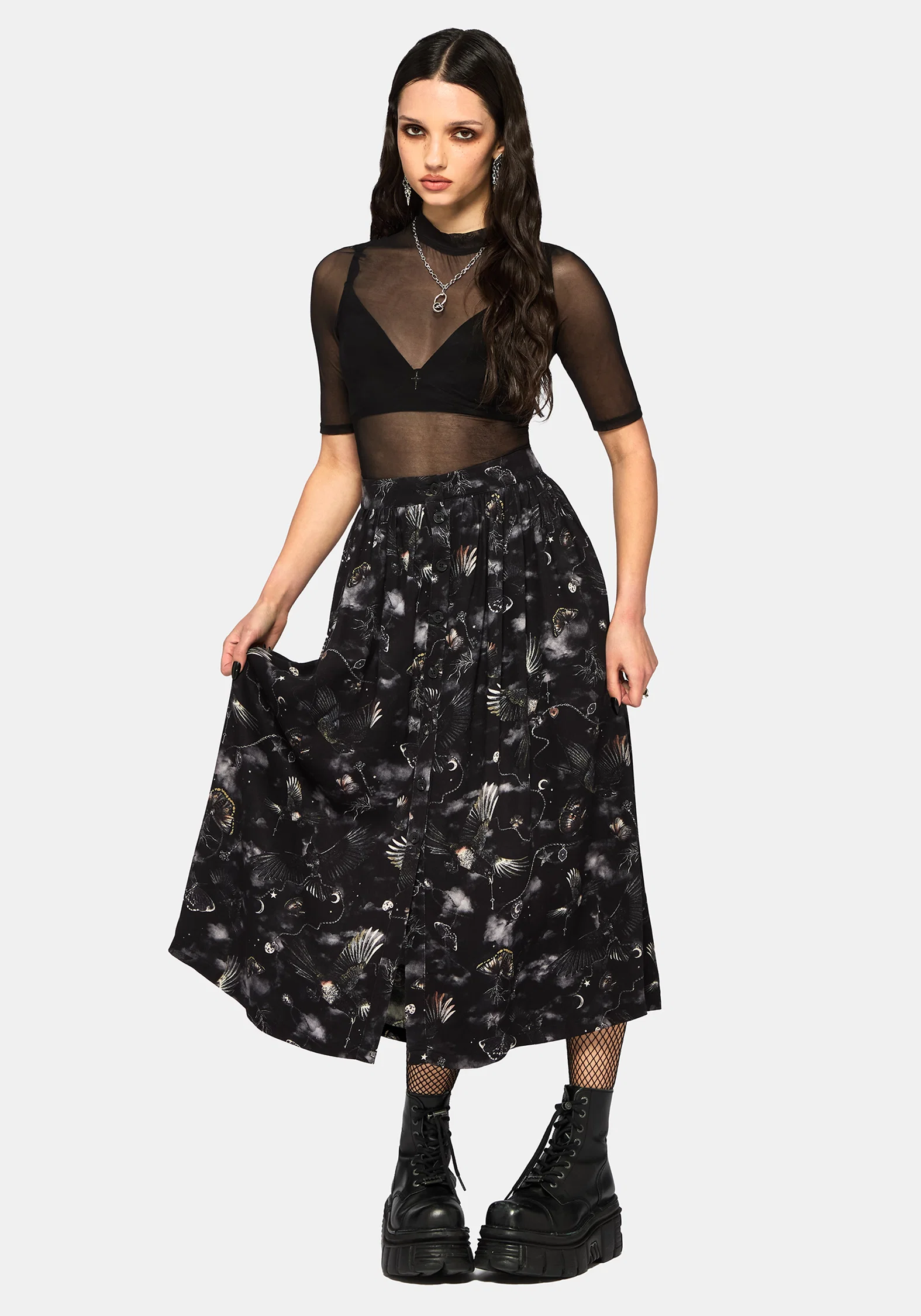 Crimson Magpie and Moth Print Button Up Midi Skirt - Image 4