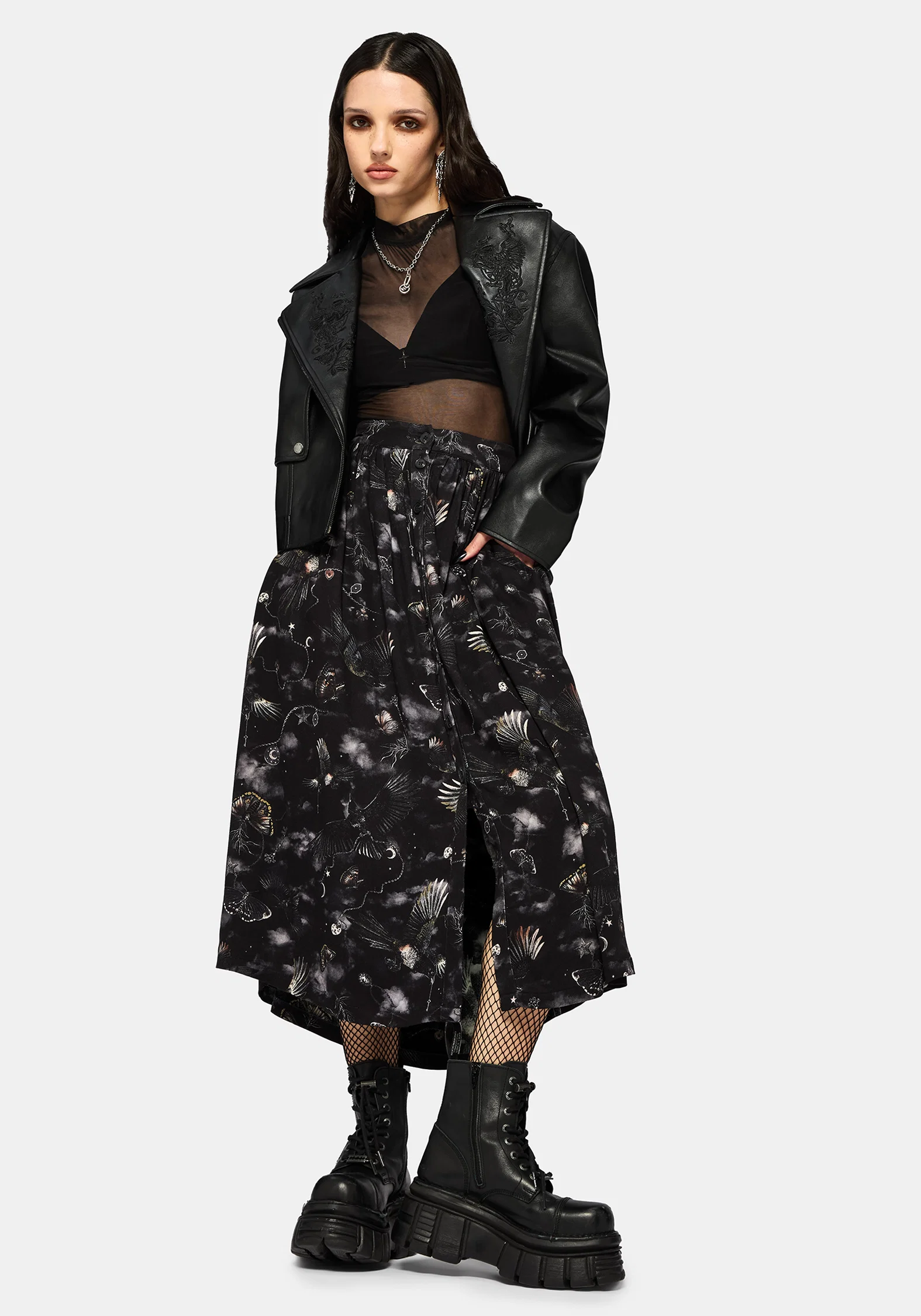 Crimson Magpie and Moth Print Button Up Midi Skirt - Image 5