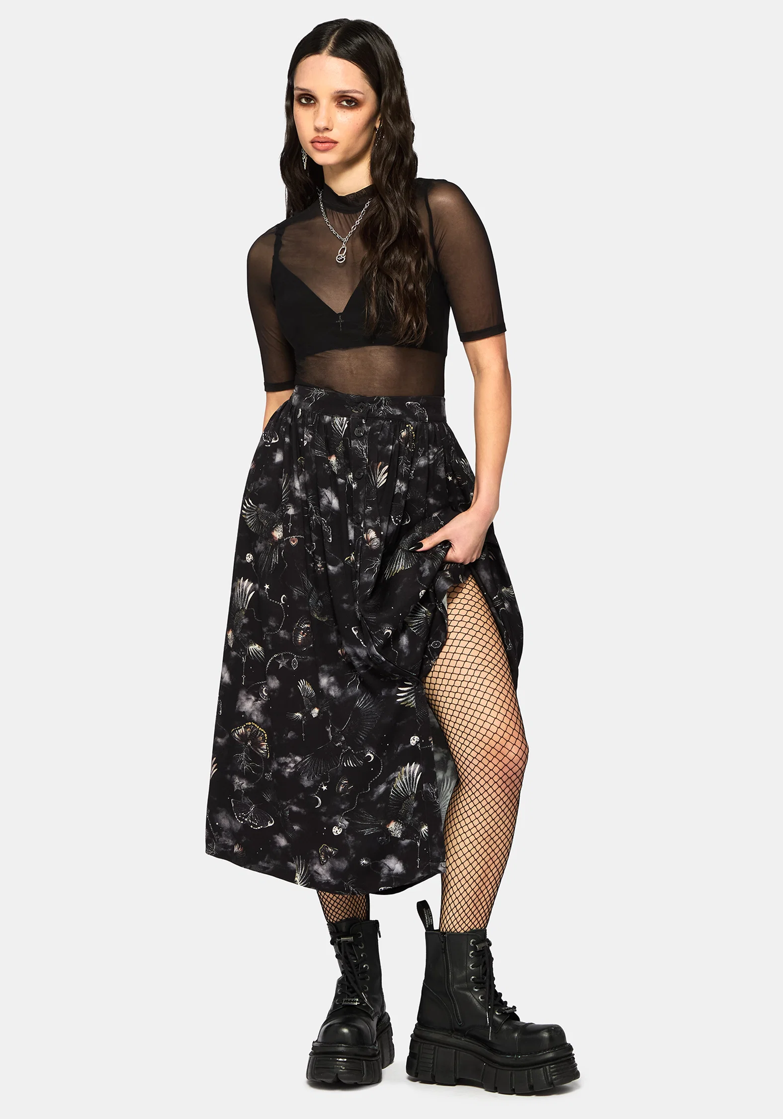 Crimson Magpie and Moth Print Button Up Midi Skirt - Image 6