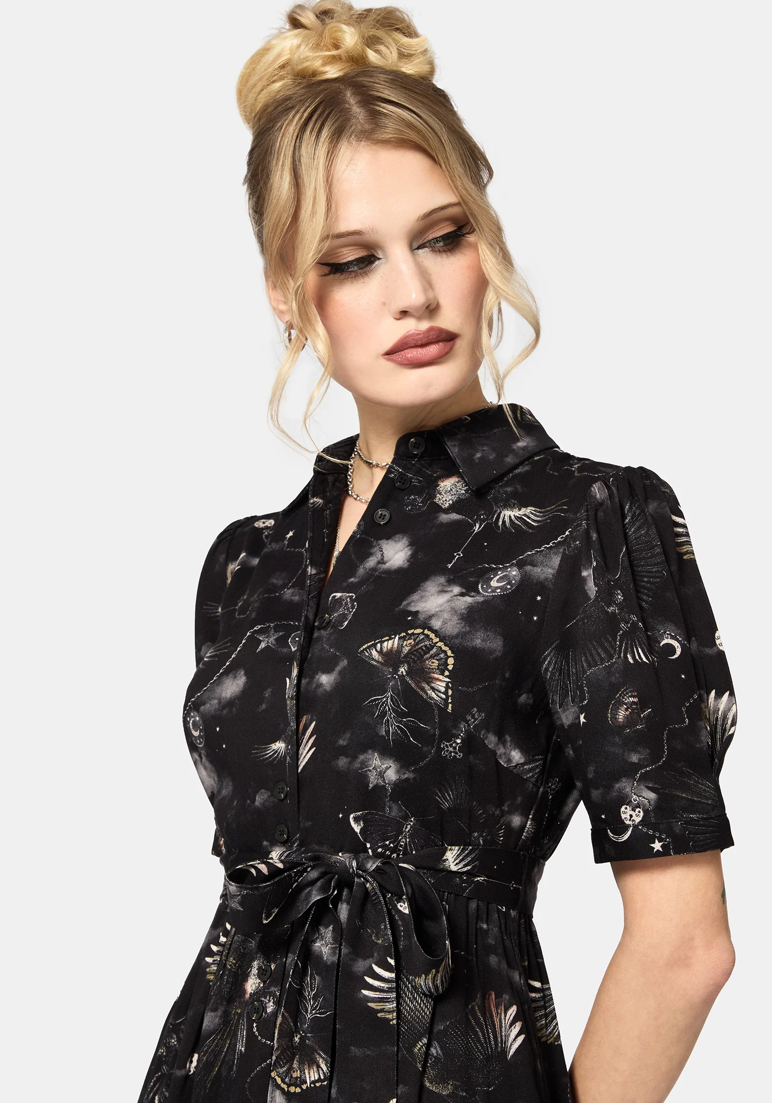 Crimson Magpie and Moth Print Midi Shirt Dress - Image 2